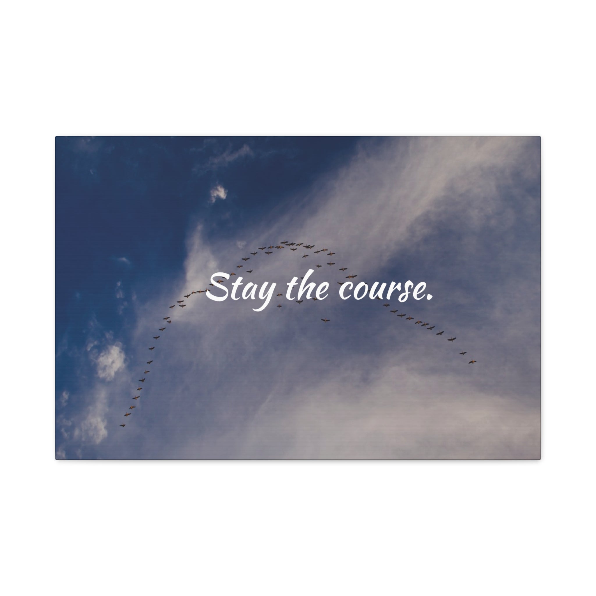 Birds flying in a V-formation against a blue sky with the text 'Stay the course.'