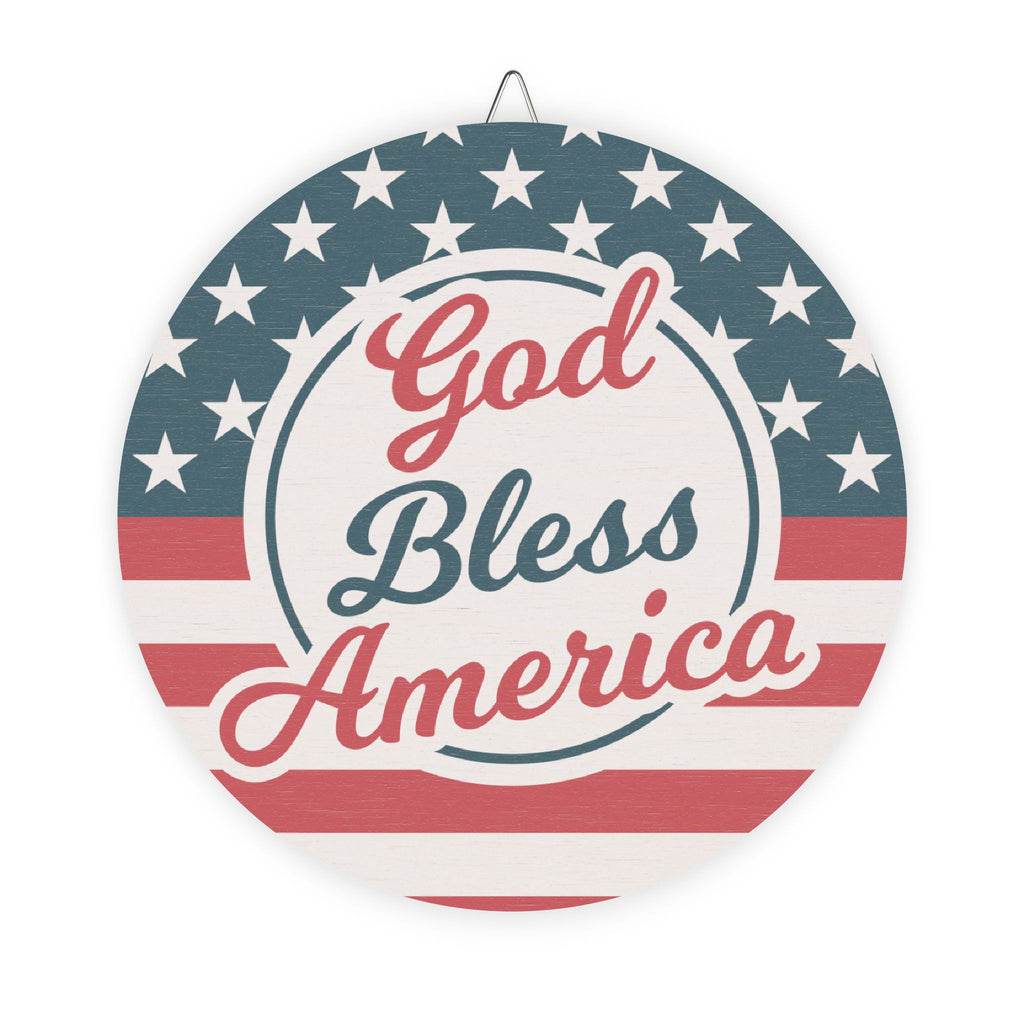 Decorative sign with American flag design and 'God Bless America' text on a white background