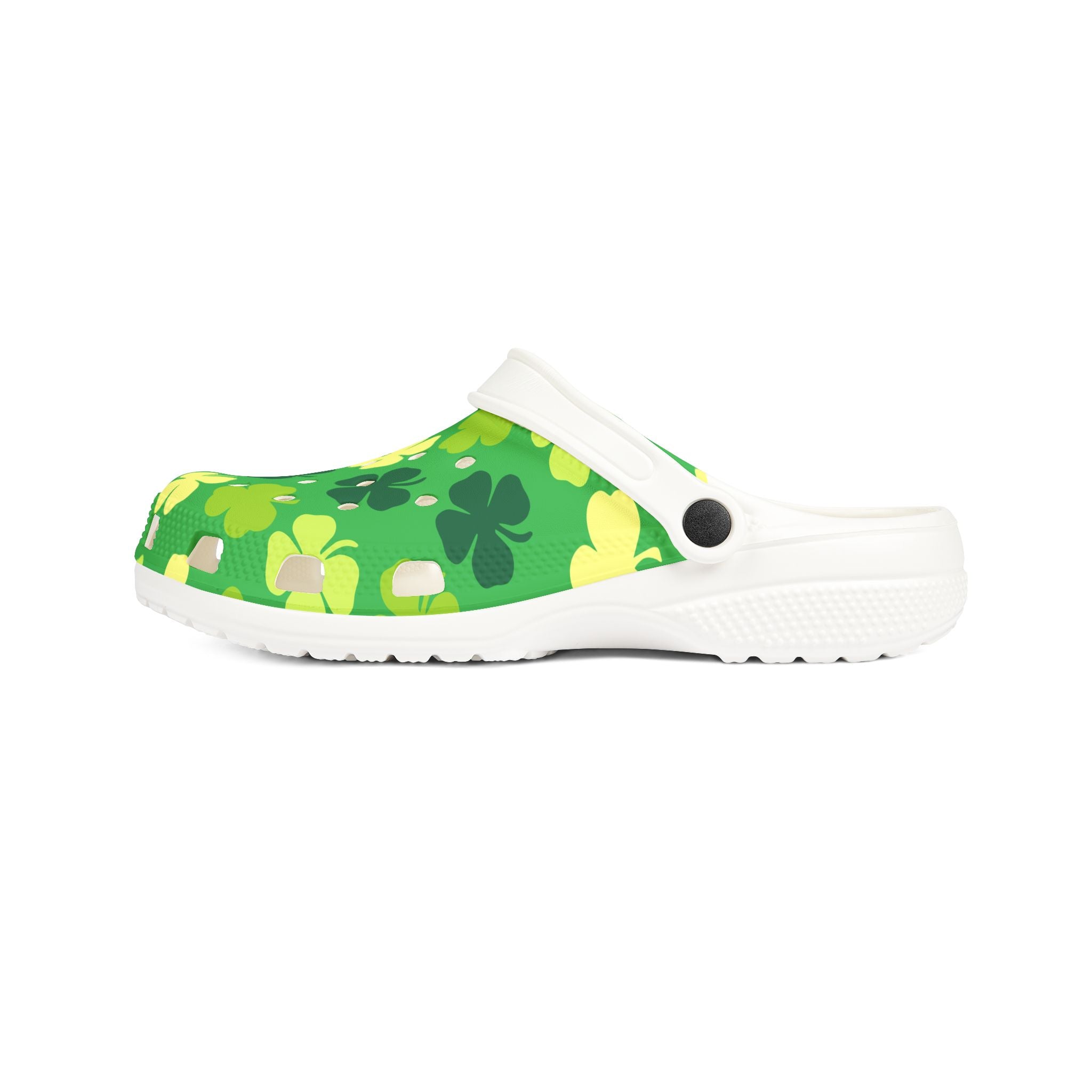 Green clog shoe with shamrock pattern on a white background