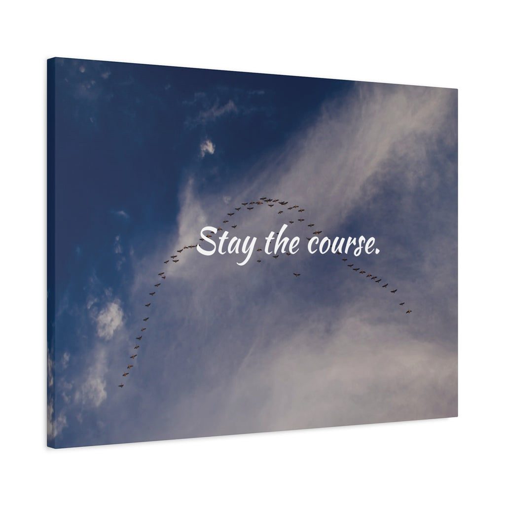 Flock of birds flying in a V-formation against a blue sky with the text 'Stay the course.'