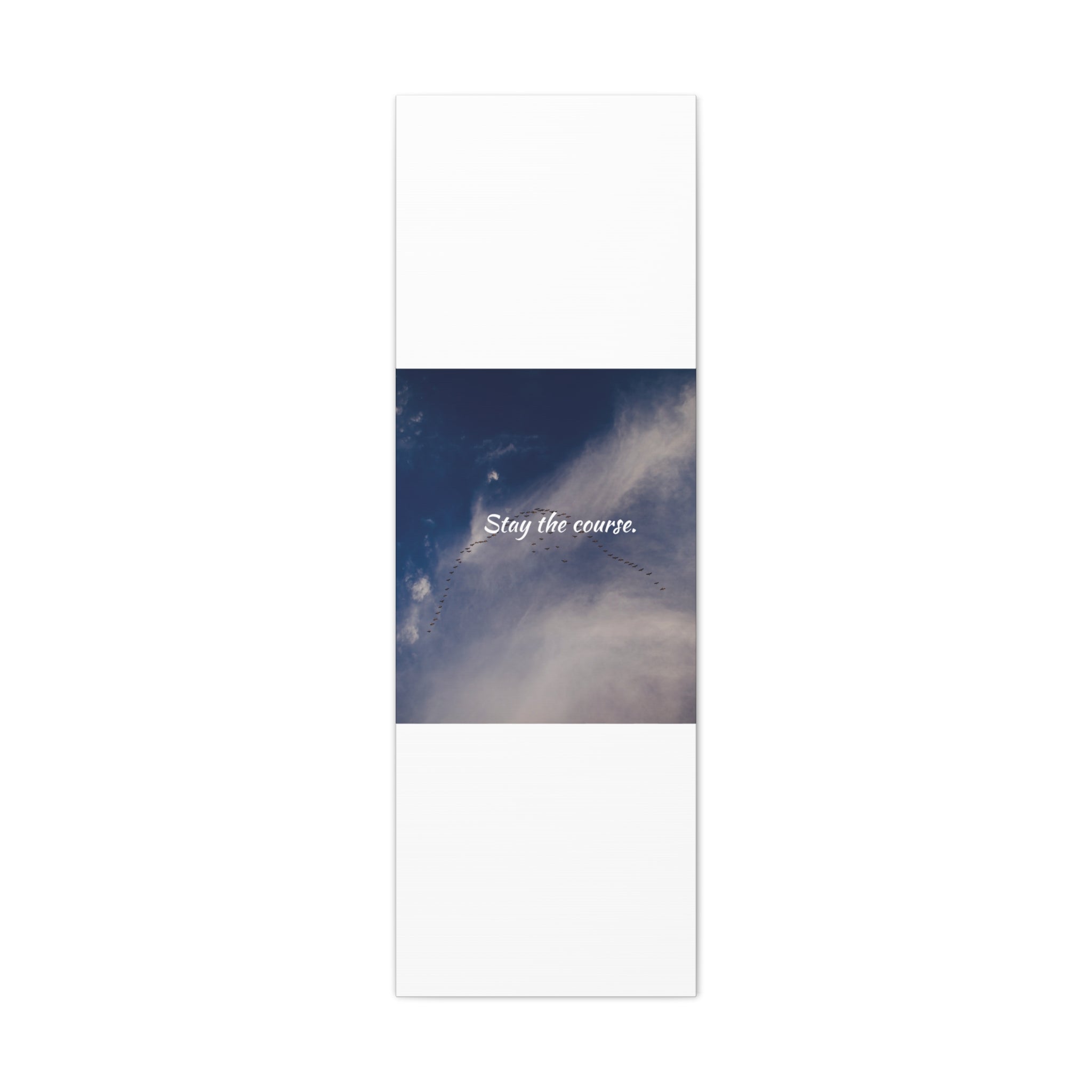 Motivational poster with 'Stay the course' text over a blue sky and clouds.