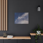 Modern interior with a motivational poster on a dark wall, wooden shelf, and decorative elements.