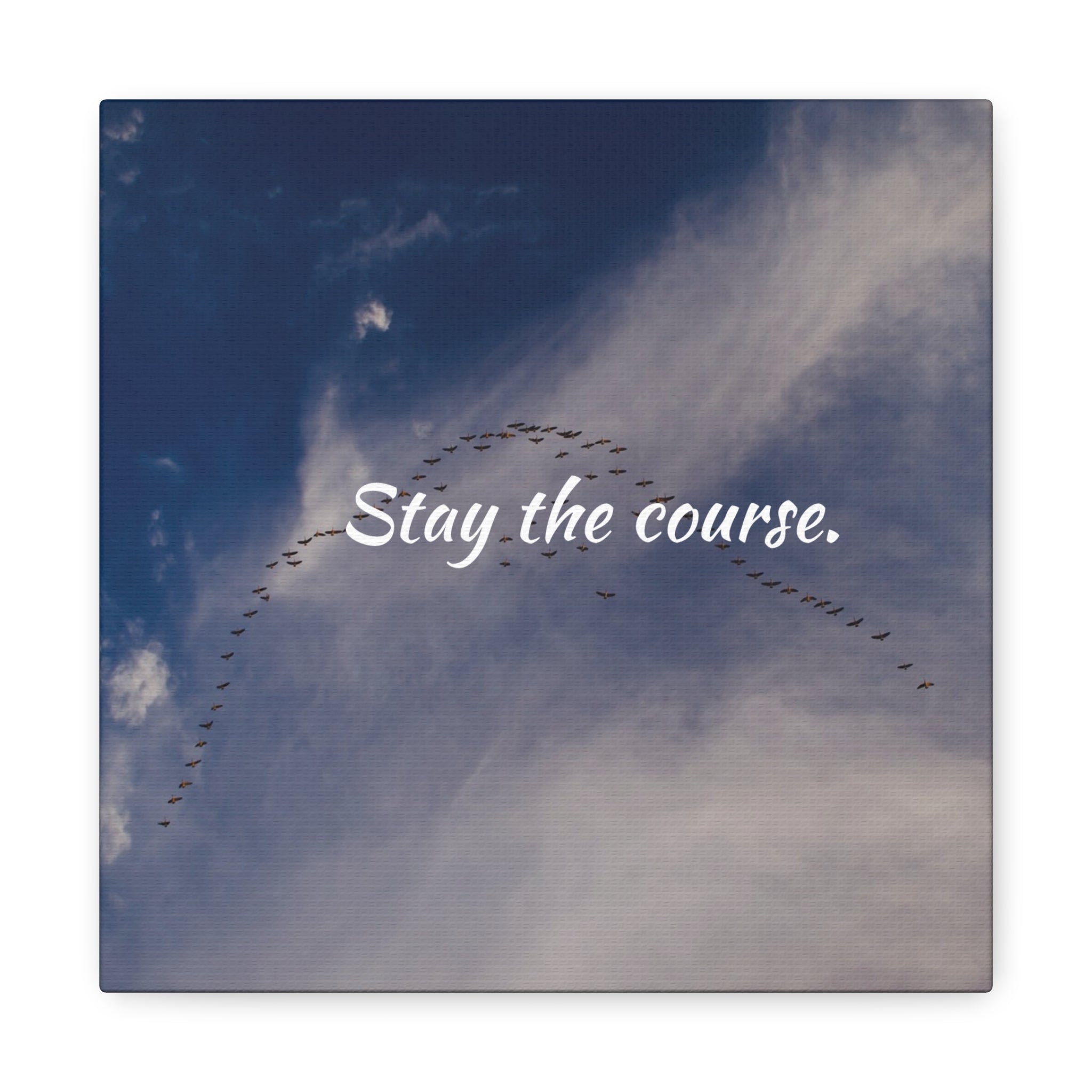 Birds flying in a V-formation against a blue sky with the text 'Stay the course.'