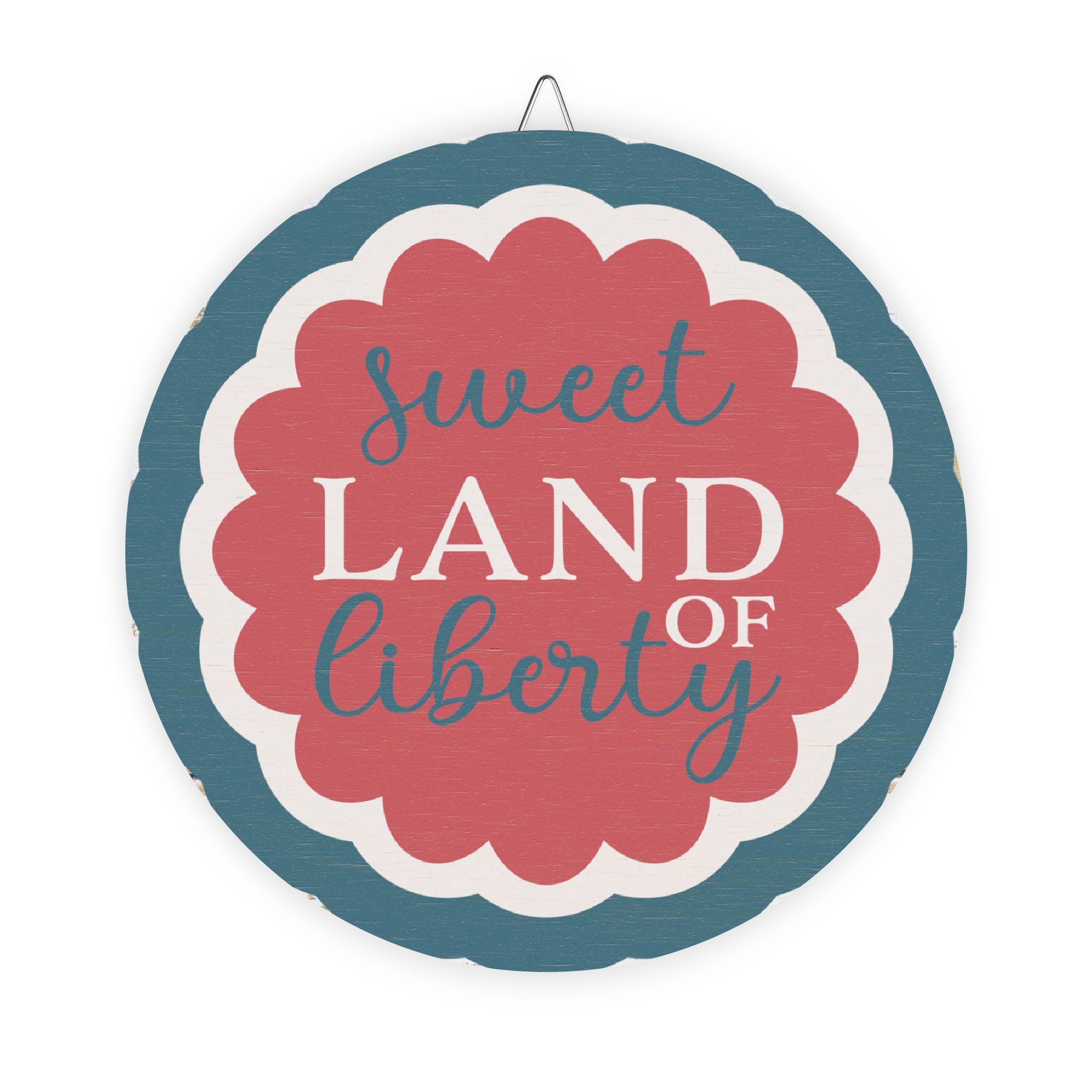 Decorative sign with 'sweet land of liberty' text on a white background