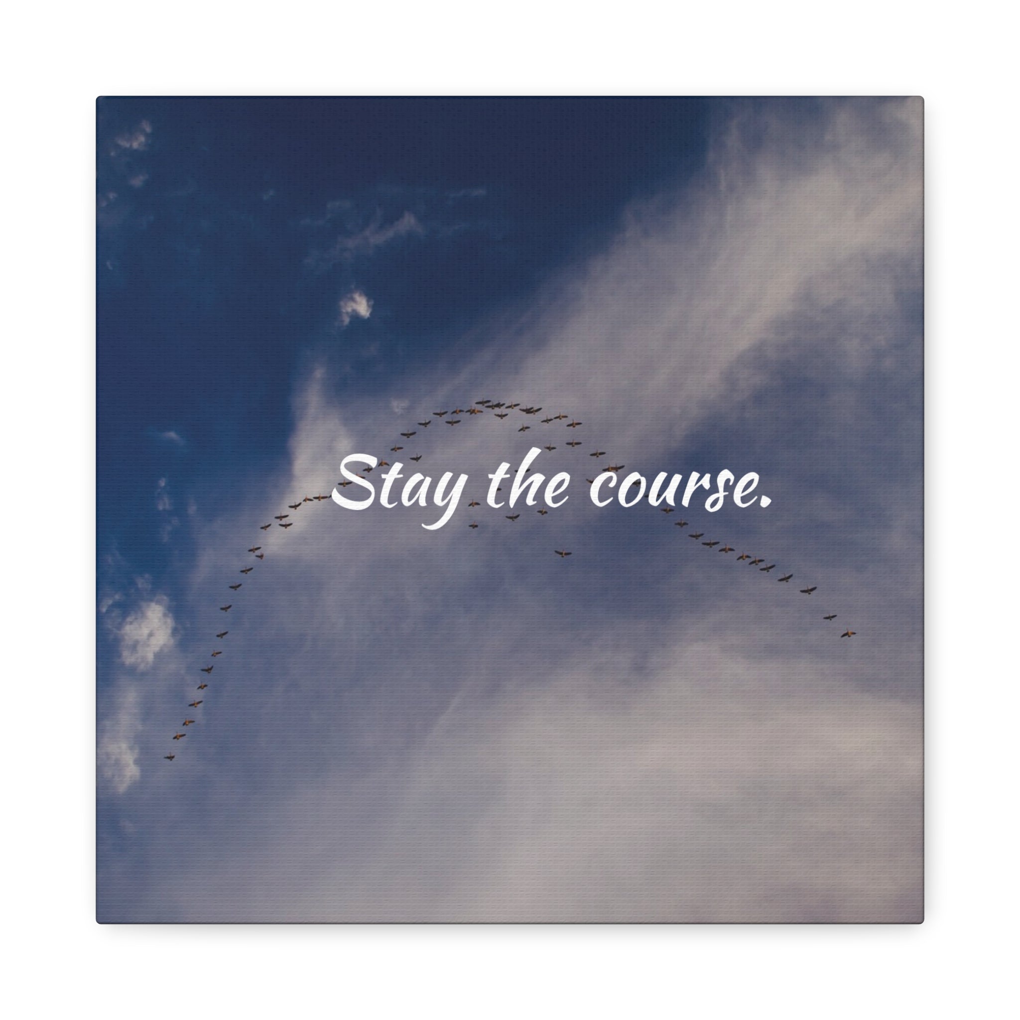 Birds flying in a V-formation against a blue sky with the text 'Stay the course.'