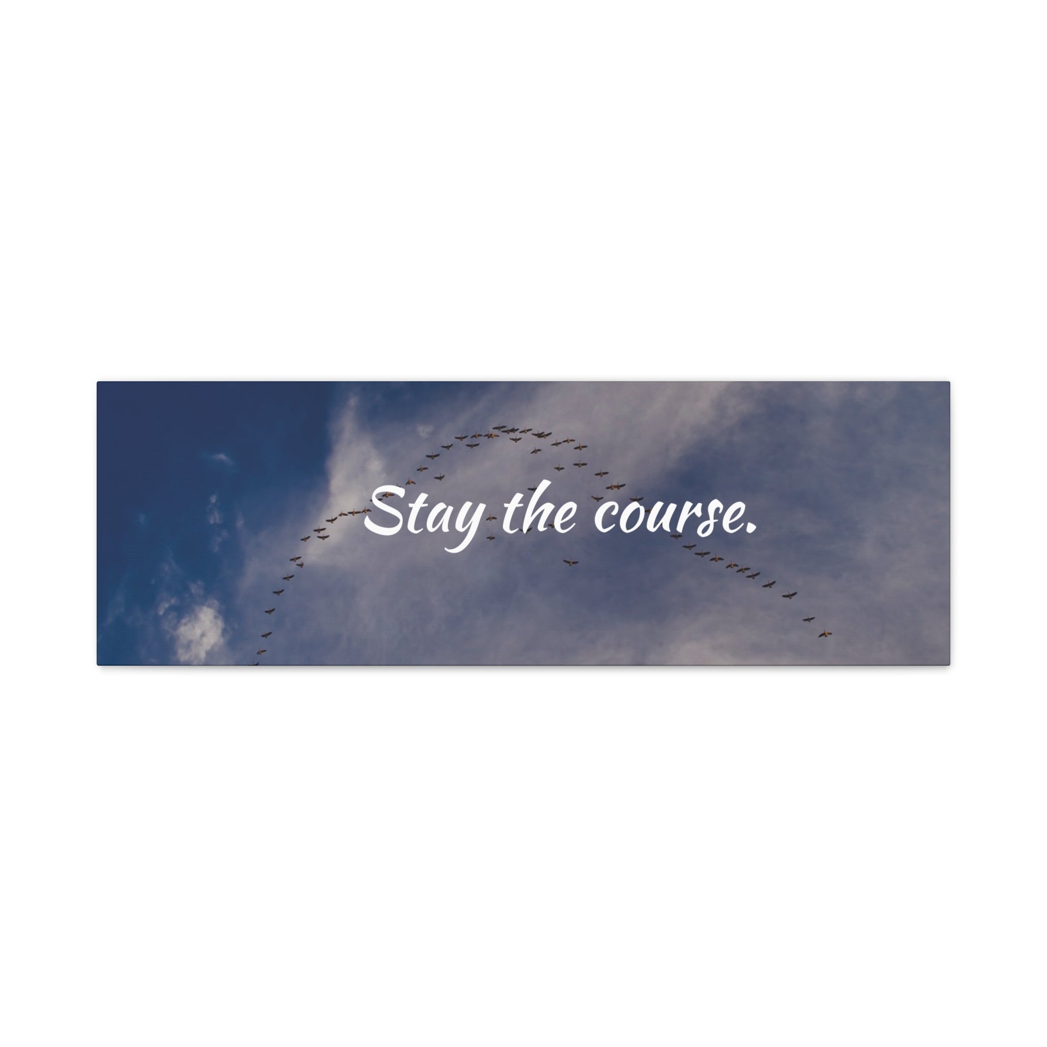 Birds flying in a V-formation against a blue sky with 'Stay the course.' text.