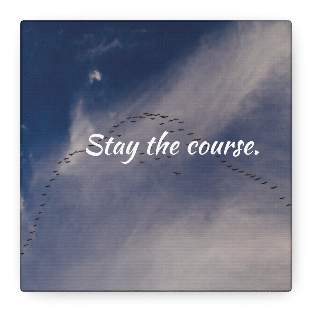 Birds flying in a V-formation against a blue sky with the text 'Stay the course.'