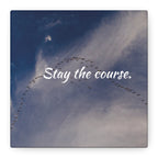 Birds flying in a V-formation against a blue sky with the text 'Stay the course.'