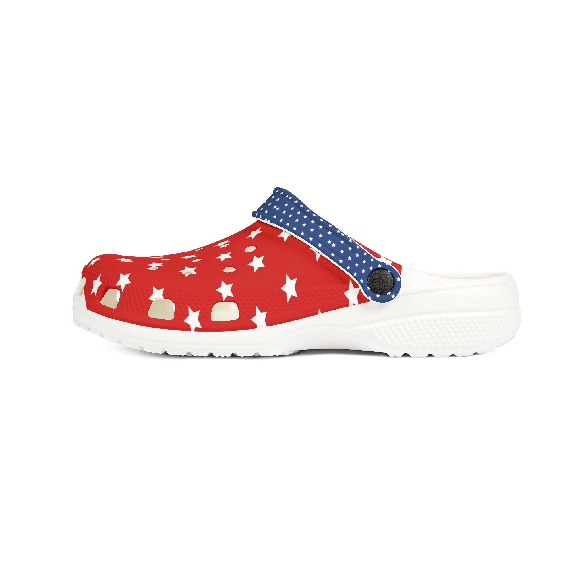 Red sandal with white patterns and blue strap on a white background