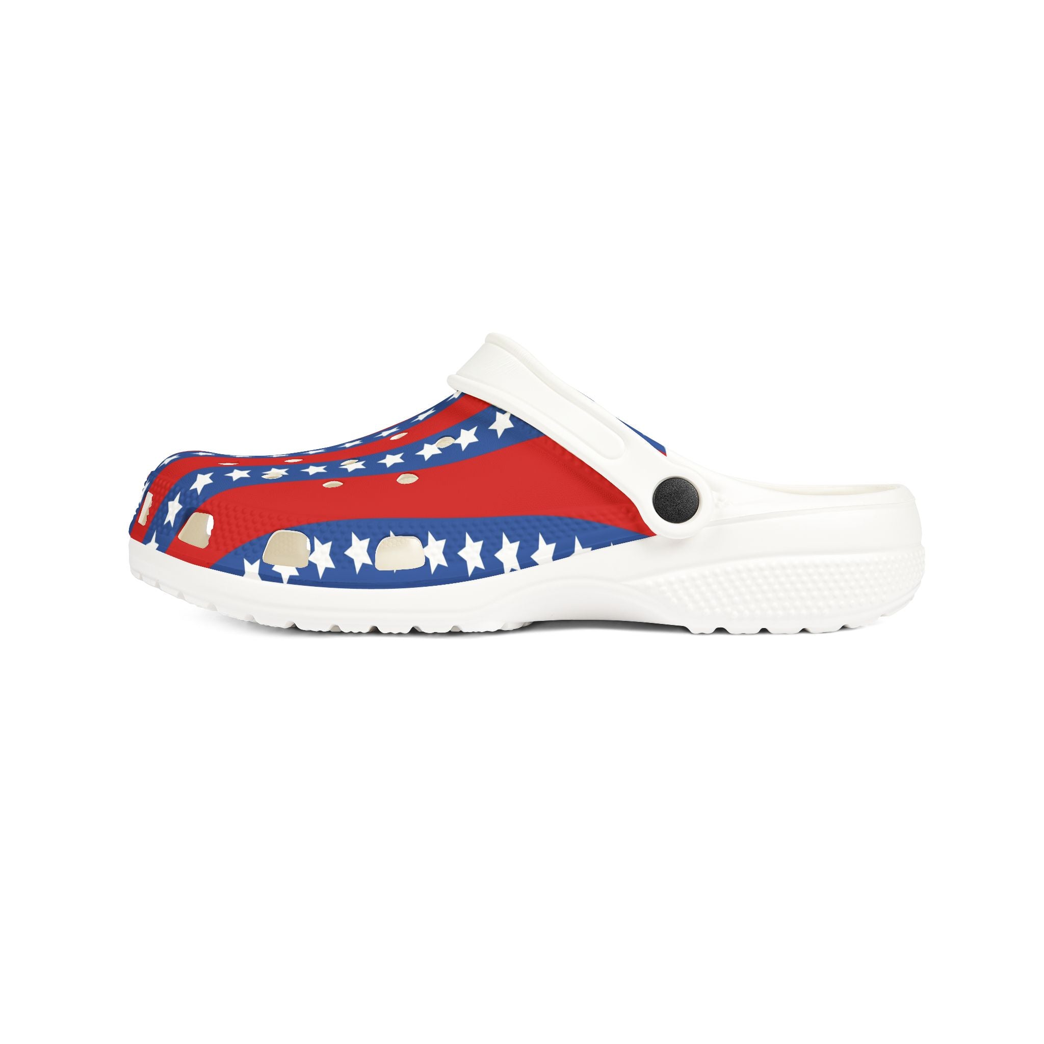 White clog shoe with a red, white, and blue design on a white background
