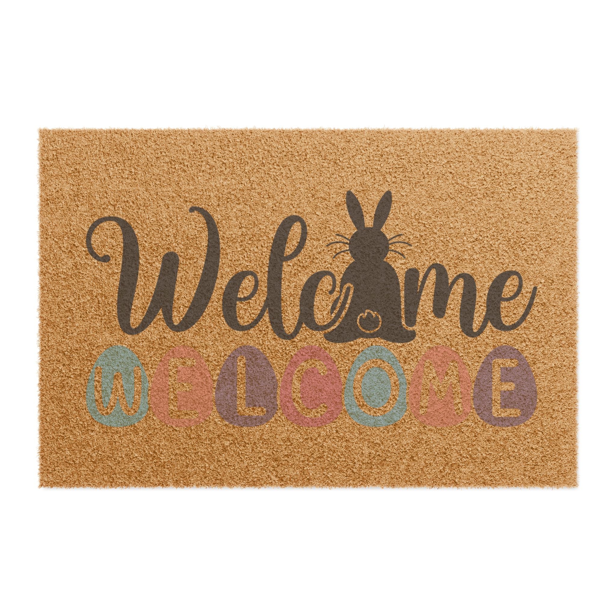 Doormat with 'Welcome' text and rabbit silhouette on a white background