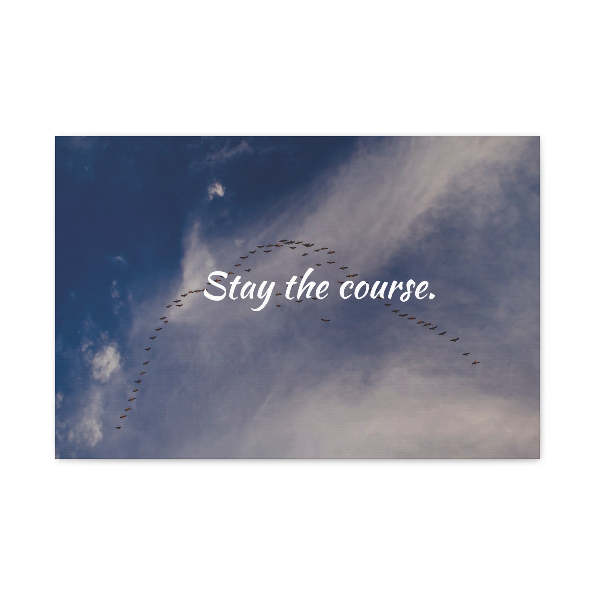 Birds flying in a V-formation against a blue sky with the text 'Stay the course.'