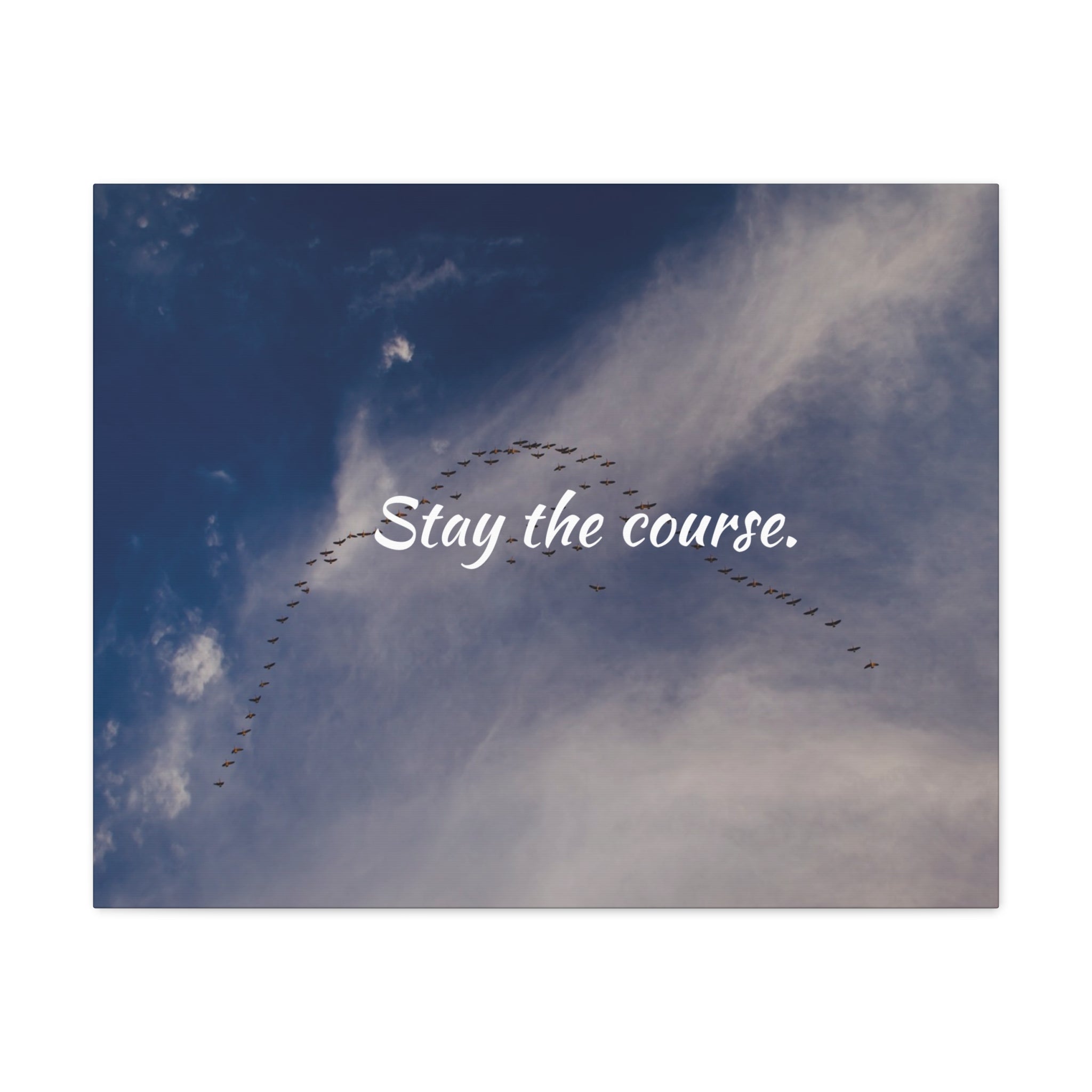Birds flying in a V-formation against a blue sky with the text 'Stay the course.'