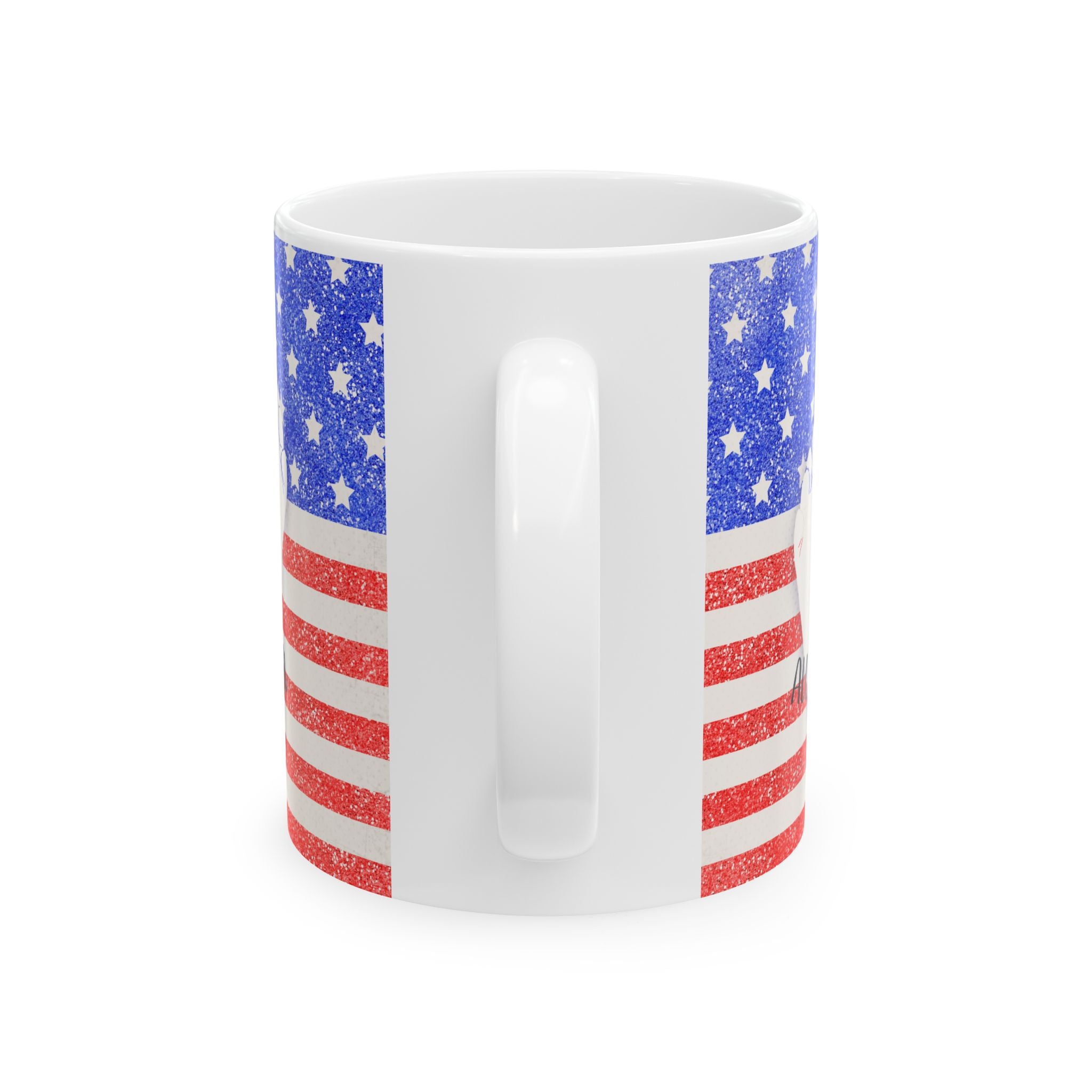 White mug with American flag design on a white background