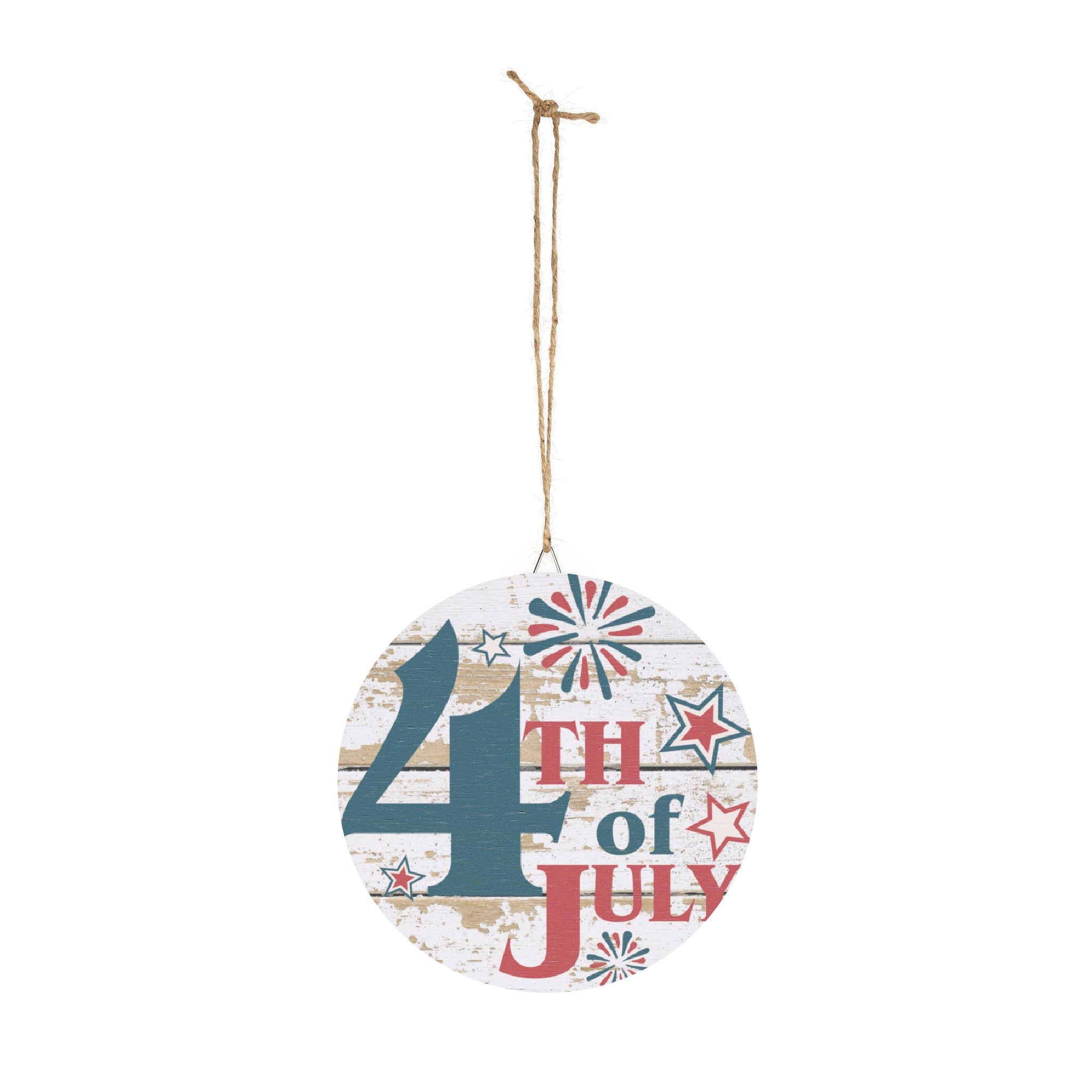 Round decorative sign with '4th of July' text and fireworks design on a white background
