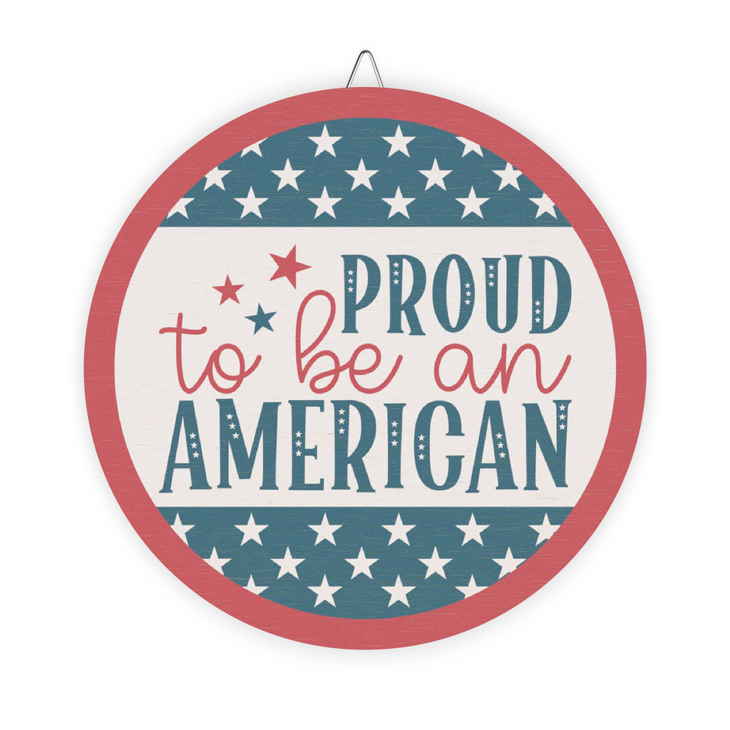 Decorative sign with 'Proud to be an American' text and star pattern on a white background