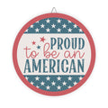 Decorative sign with 'Proud to be an American' text and star pattern on a white background