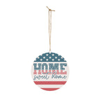 Decorative hanging sign with American flag design and 'Home sweet home' text on a white background.