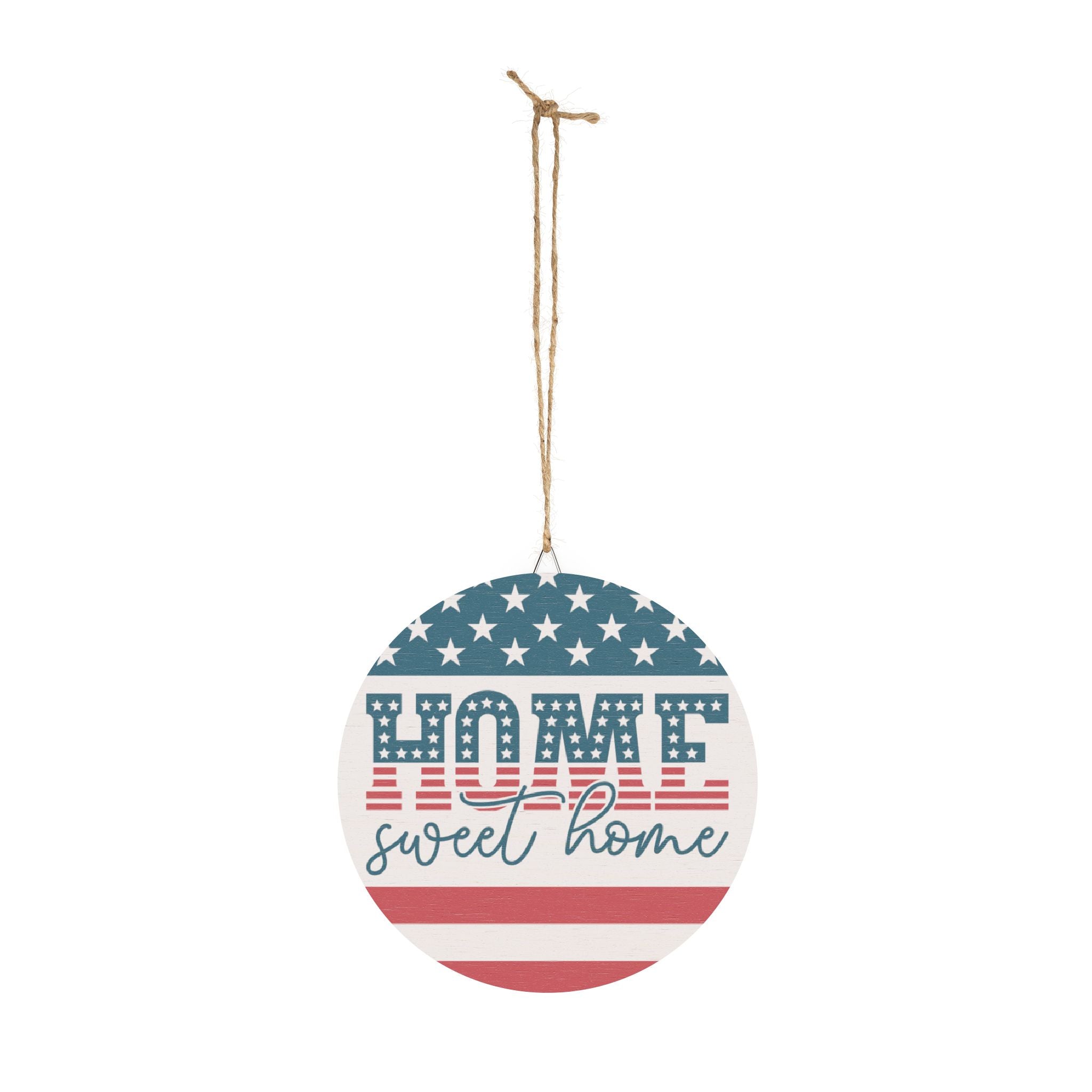 Decorative hanging sign with American flag design and 'Home sweet home' text on a white background.