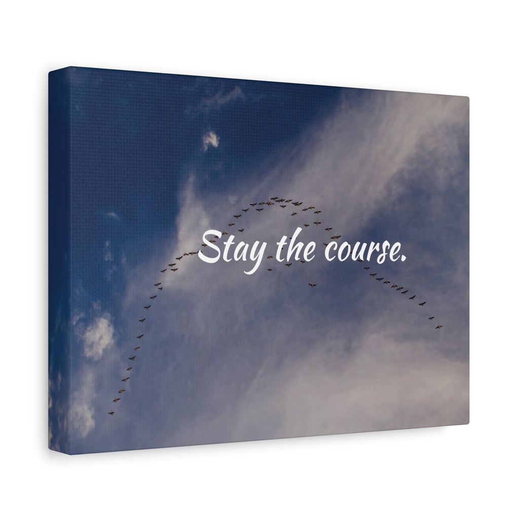 Canvas print with birds flying in a V-formation against a blue sky, featuring the text 'Stay the course.'