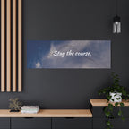 Wall art with 'Stay the course.' text above a dark wall with decor elements.