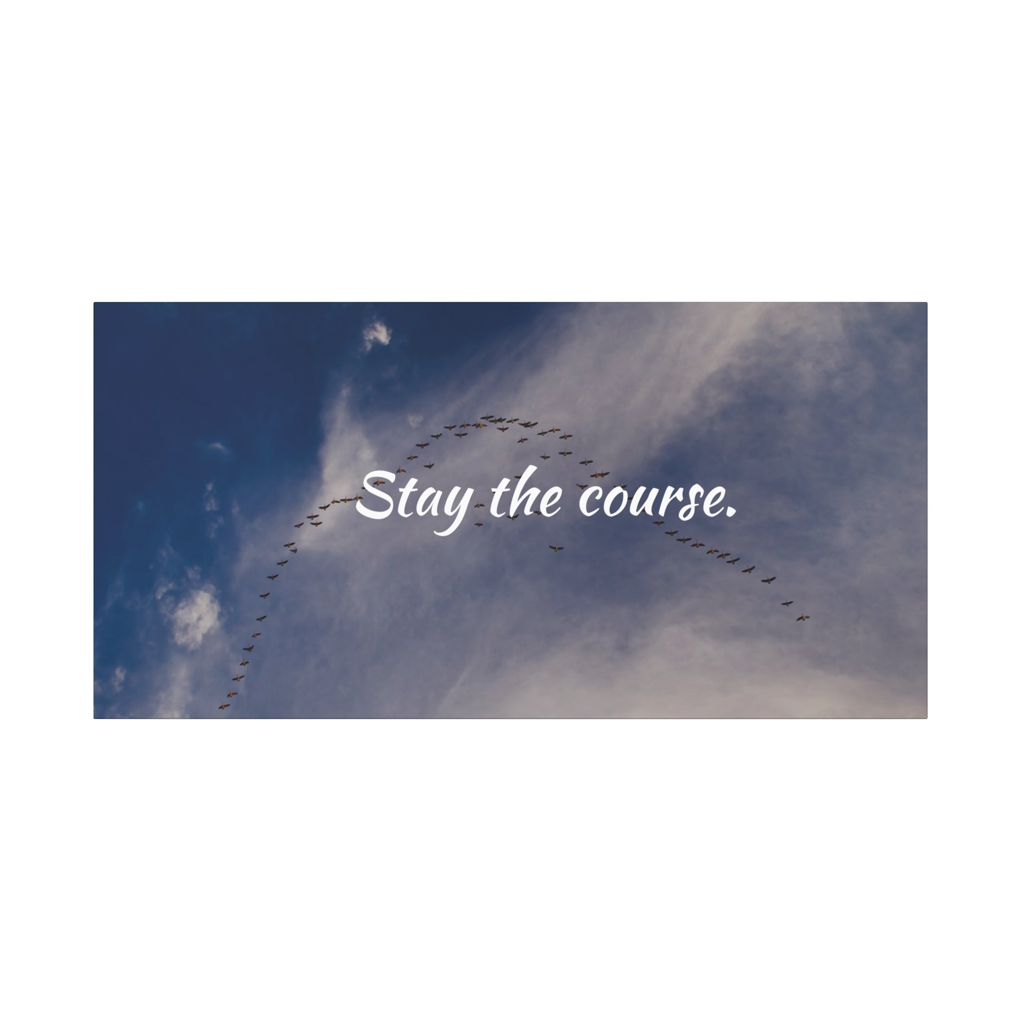 Birds flying in a V-formation against a blue sky with the text 'Stay the course.'