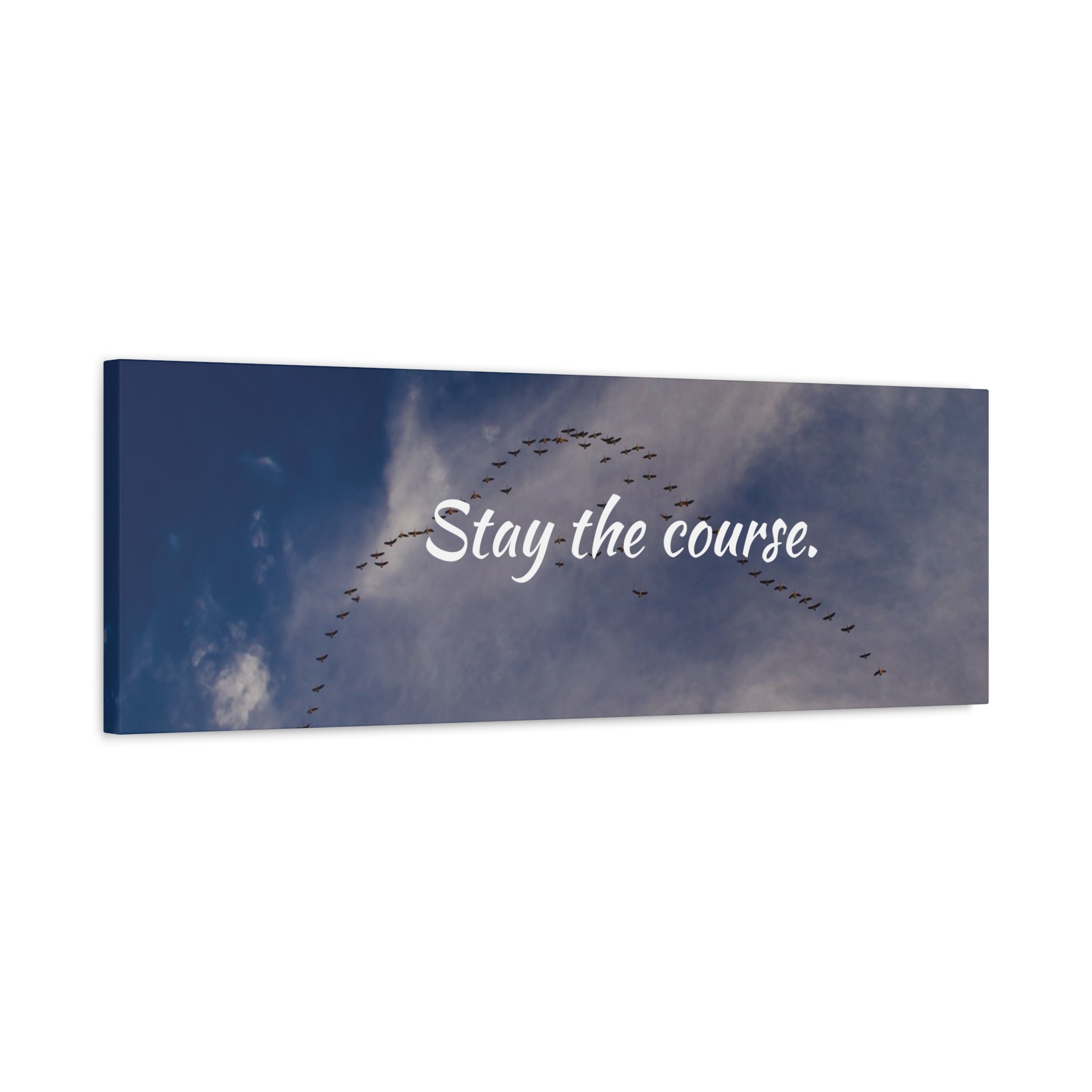Canvas print with birds flying in a 'V' formation against a blue sky, featuring the text 'Stay the course.'
