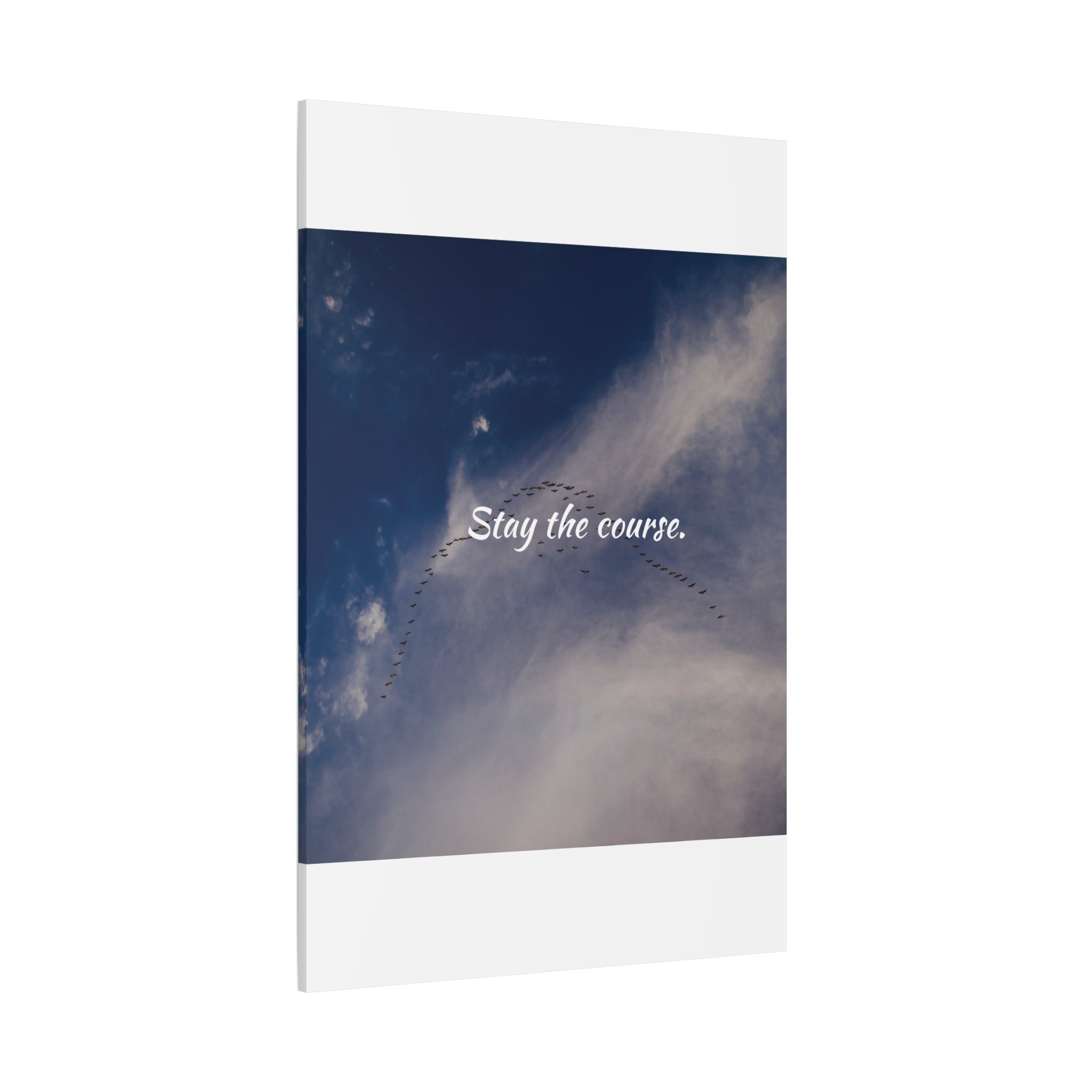 Notebook with 'Stay the course.' text against a sky background