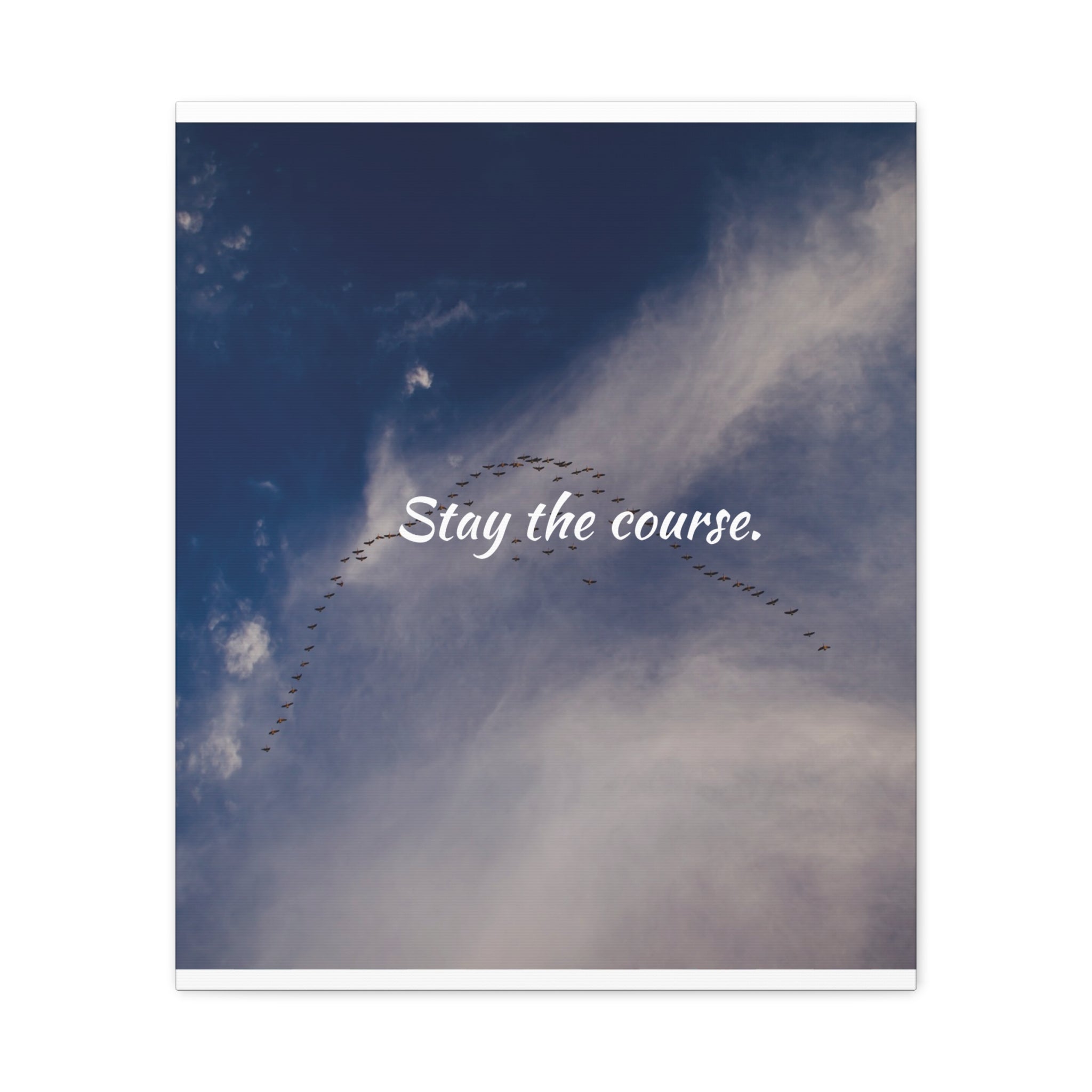 Birds flying in formation against a blue sky with the text 'Stay the course.'