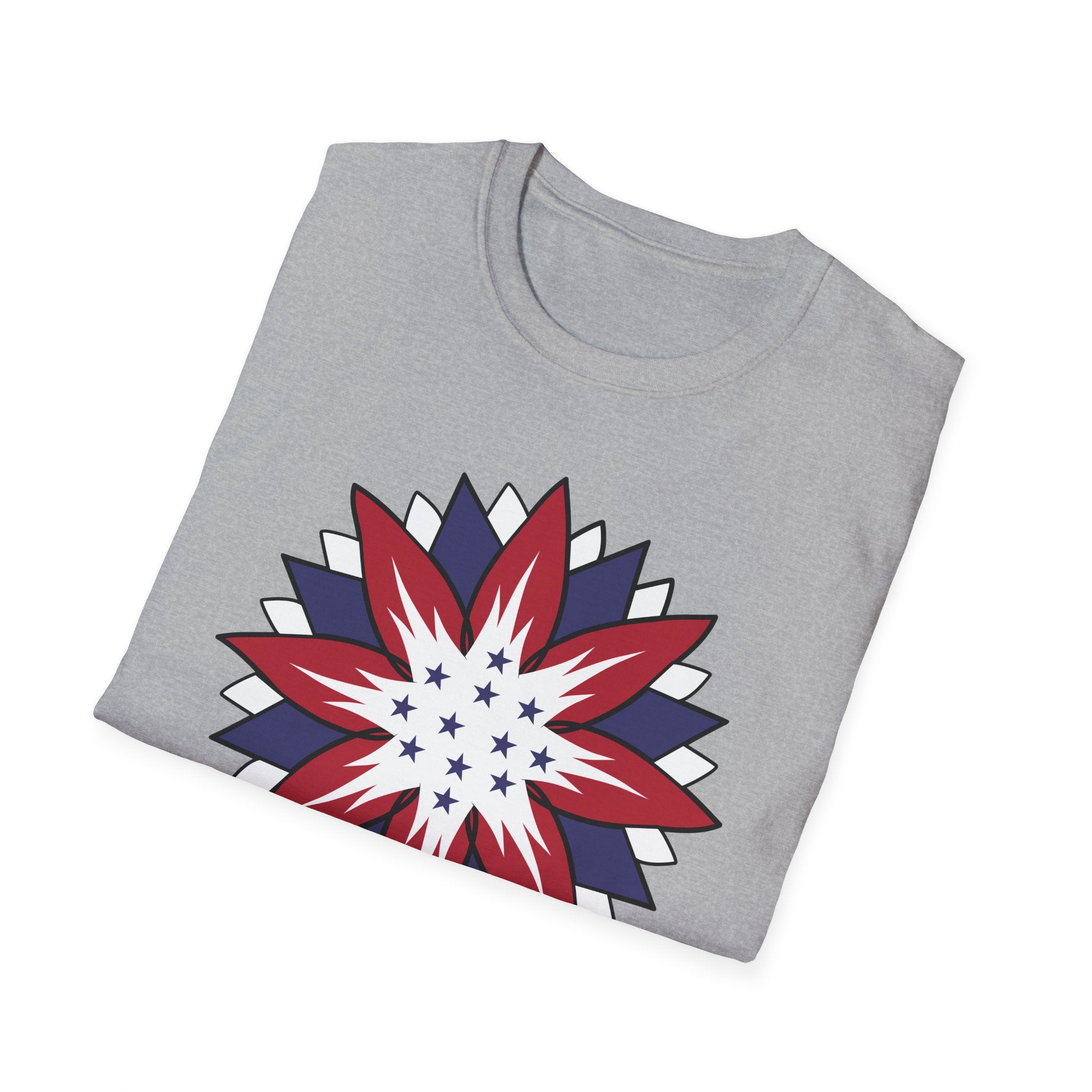 Folded gray t-shirt with a red, white, and blue star design on a white background