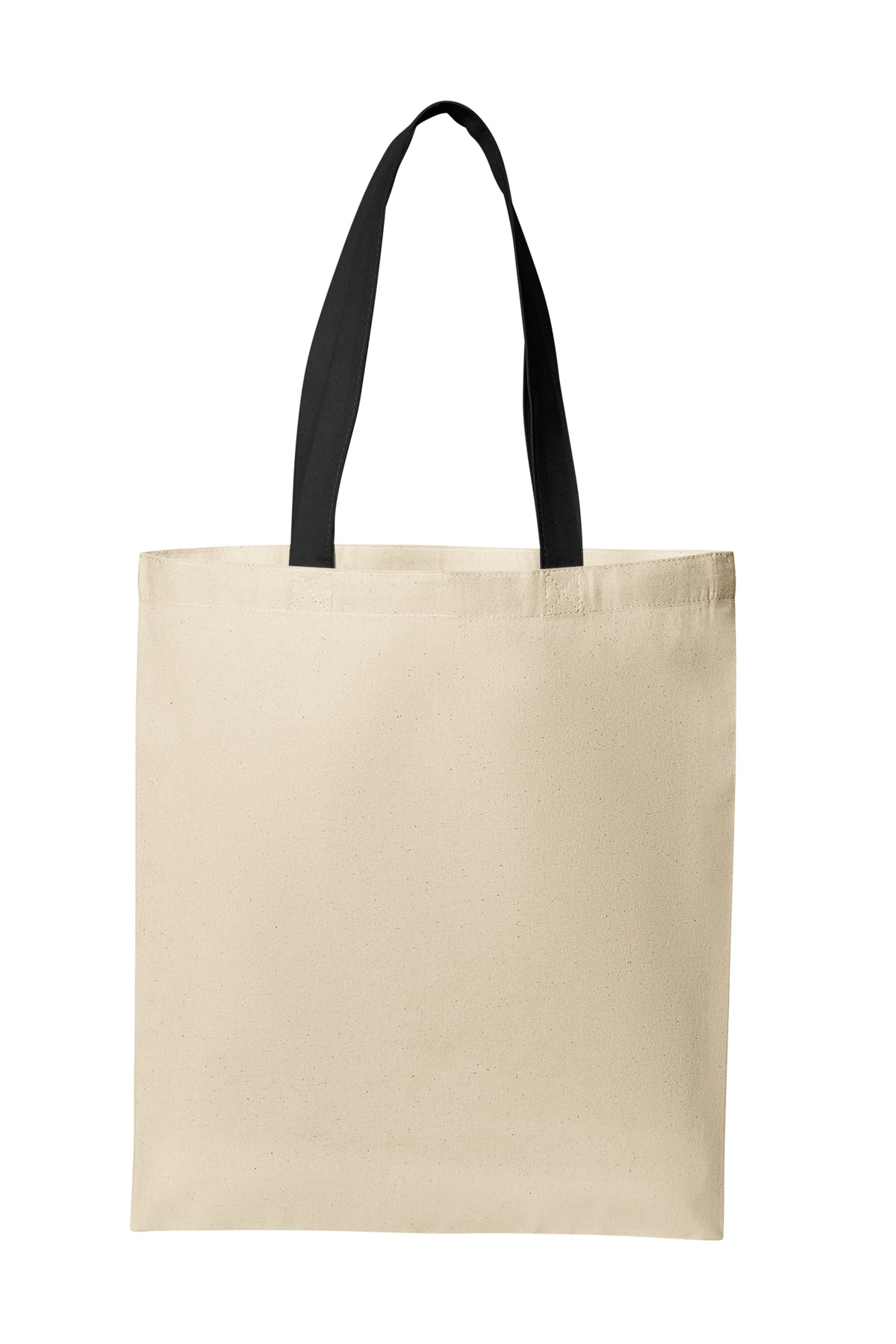 Natural tote bag with black handles on a white background