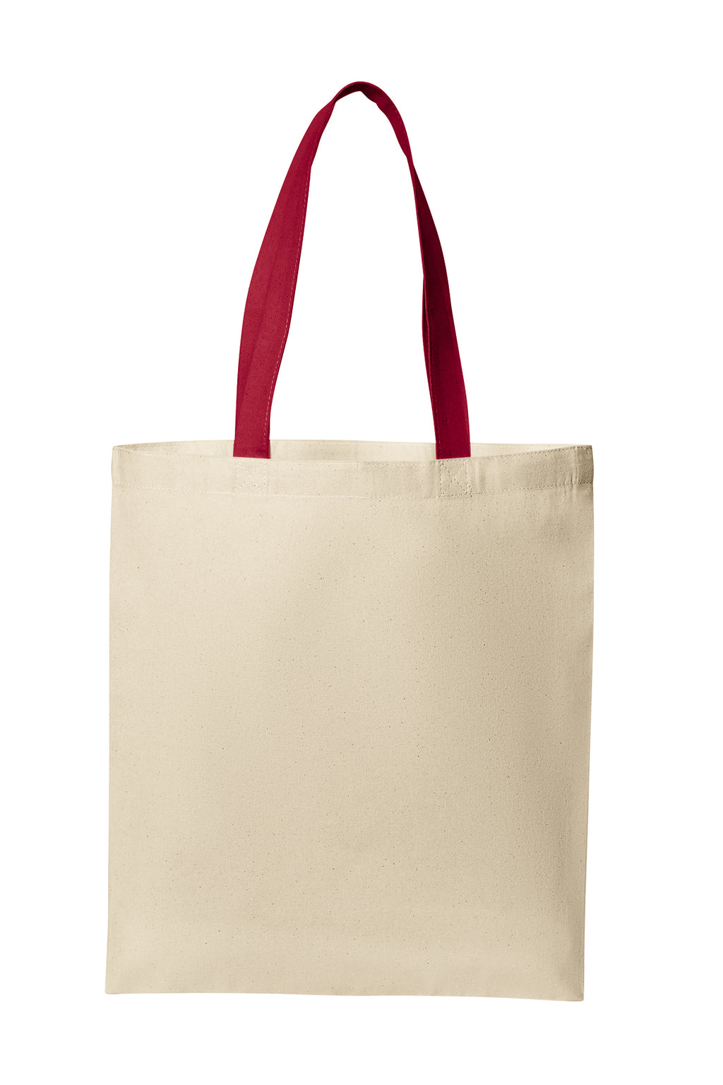 Natural tote bag with red handles on a white background