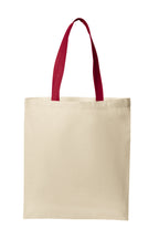 Natural tote bag with red handles on a white background