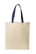 Natural tote bag with navy blue handles on a white background