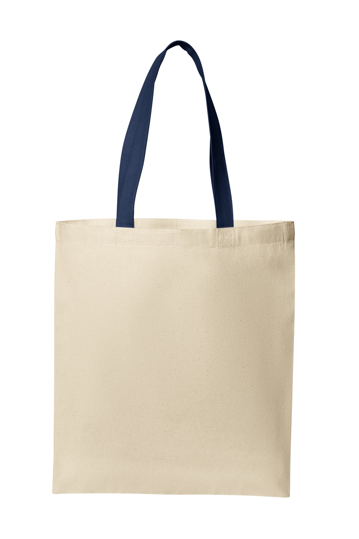Natural tote bag with navy blue handles on a white background