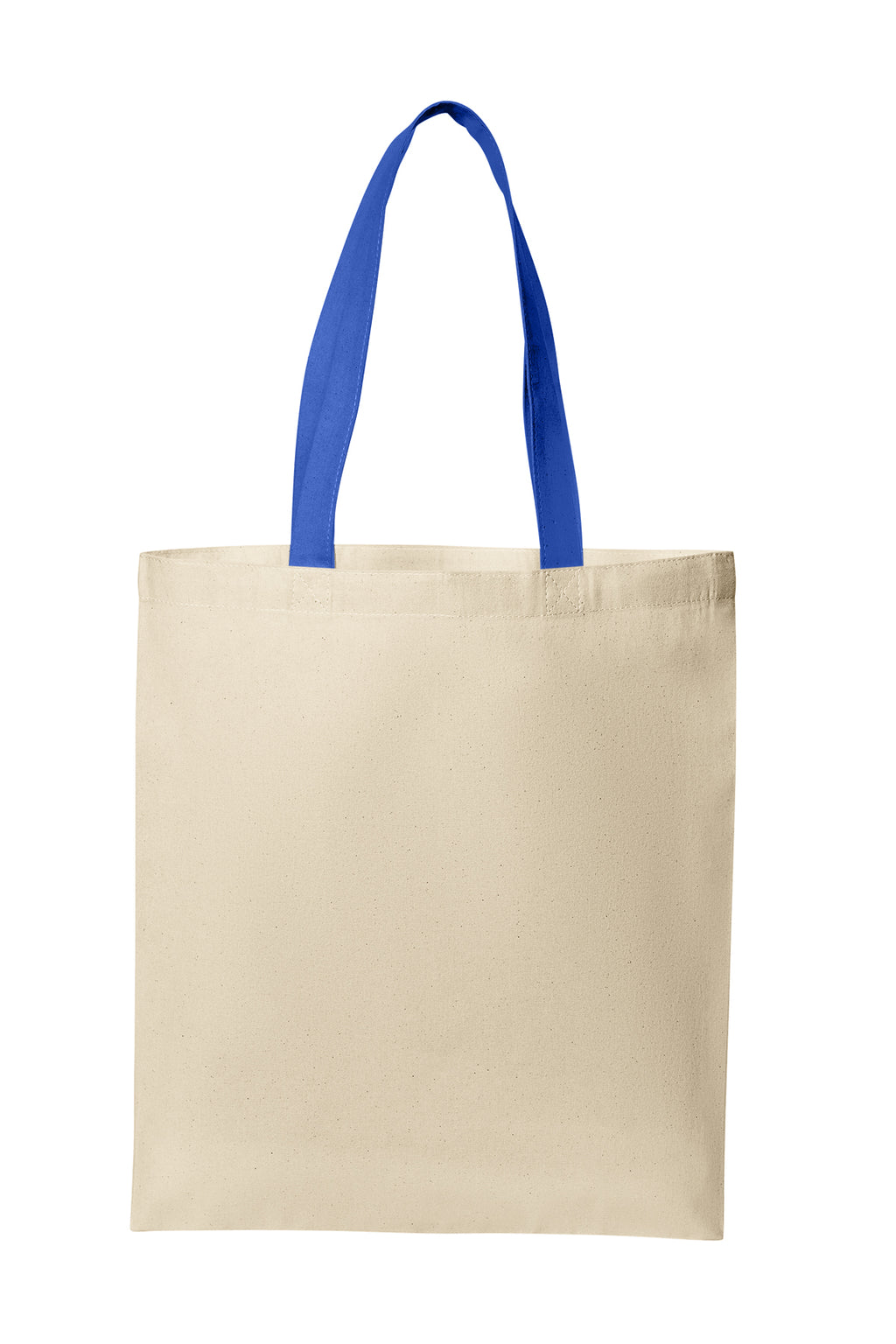 Natural tote bag with blue handles on a white background