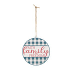 Round hanging sign with 'Faith Family Freedom' text on a blue and white checkered background.