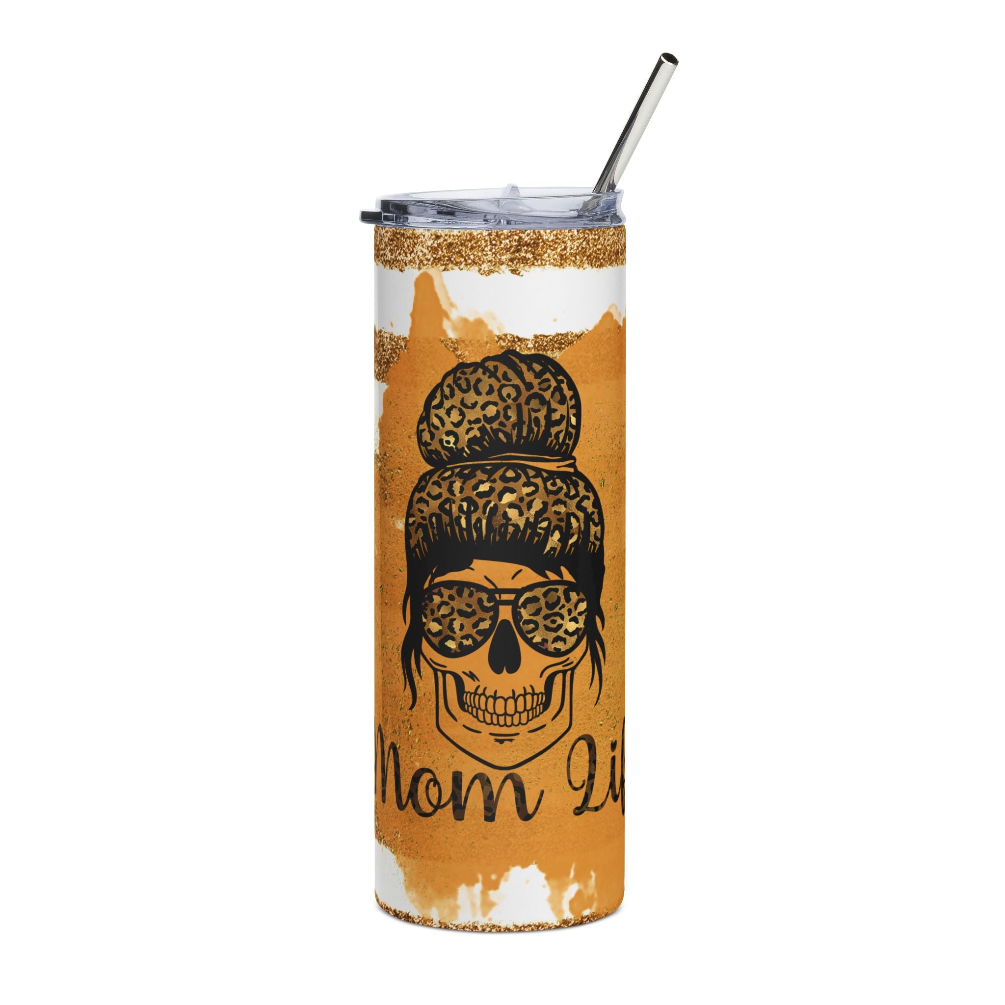 Tumbler with skull design and 'Mom Life' text on a white background