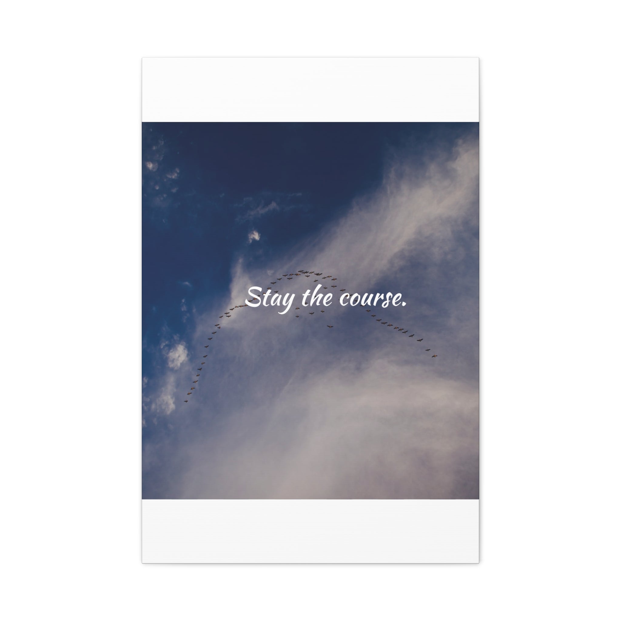 Crescent moon and clouds with 'Stay the course.' text in a blue sky setting