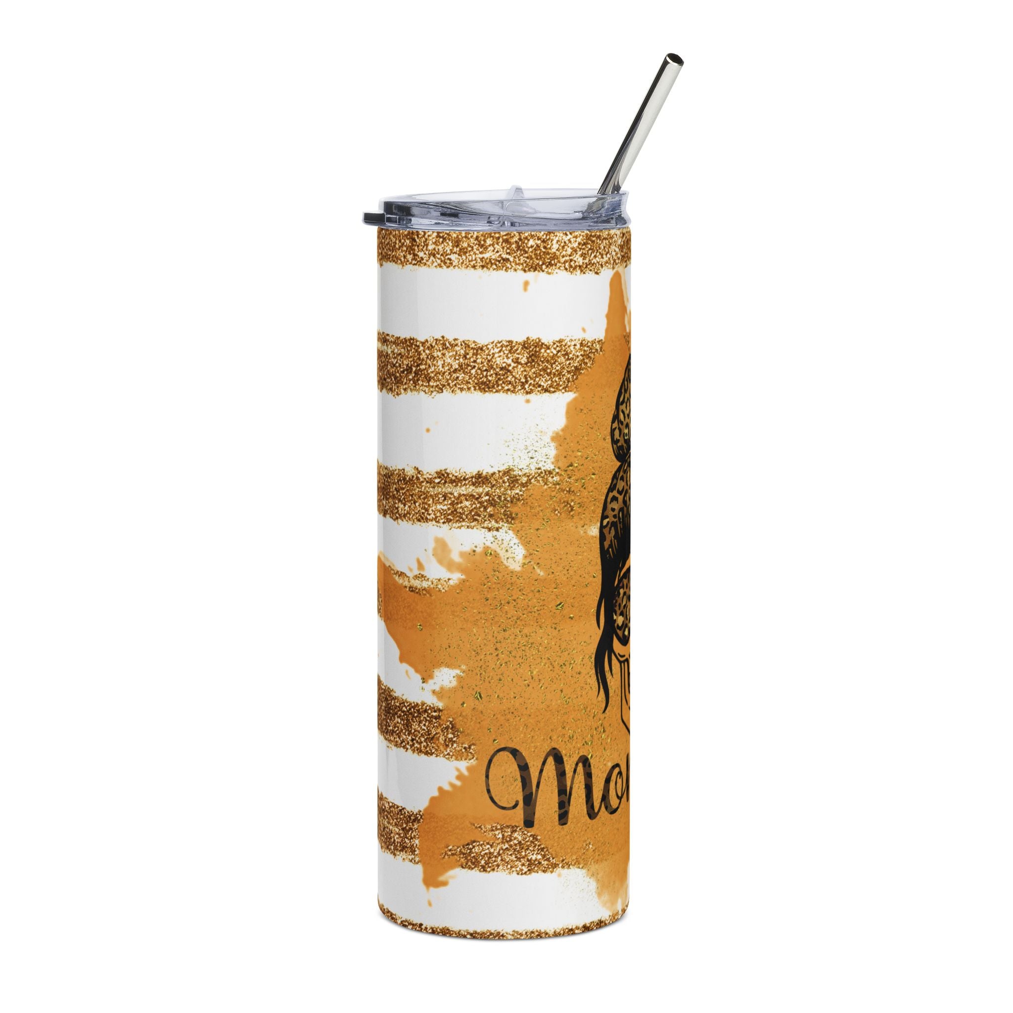 Tumbler with gold and white design and straw on a white background