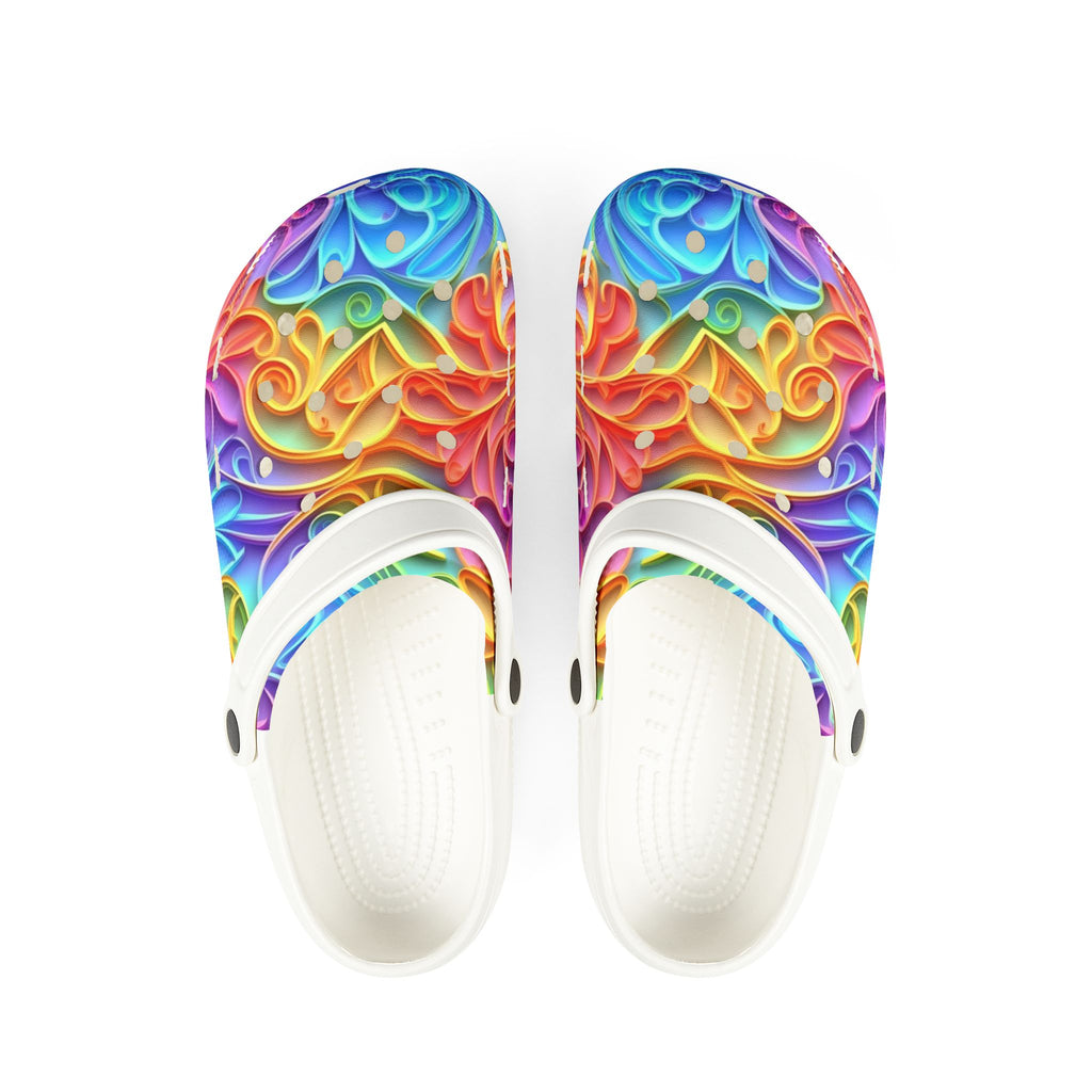 Colorful patterned sandals with white soles on a white background