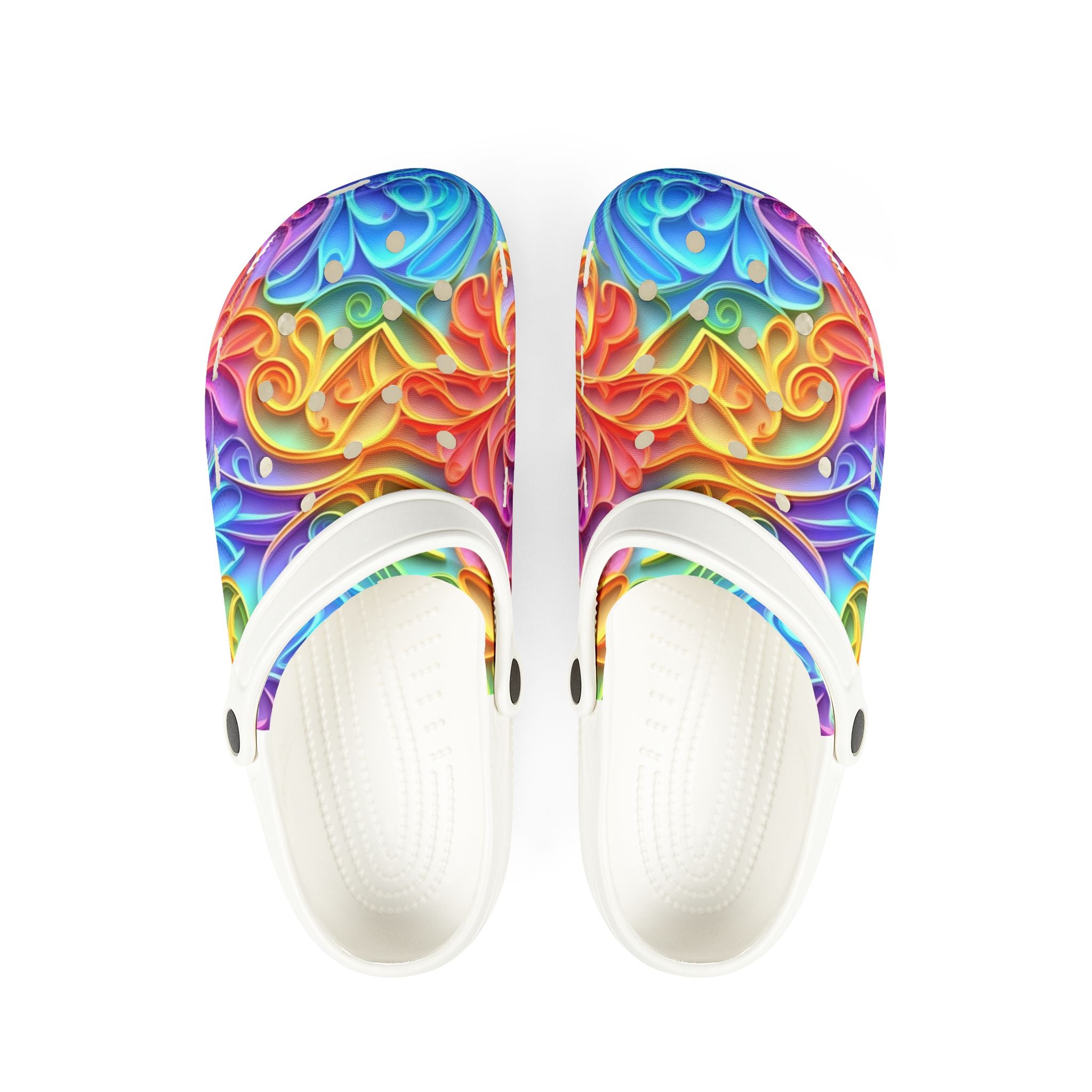 Colorful patterned sandals with white soles on a white background