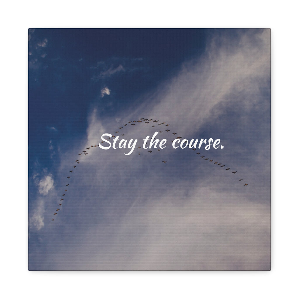Birds flying in a V-formation against a blue sky with the text 'Stay the course.'