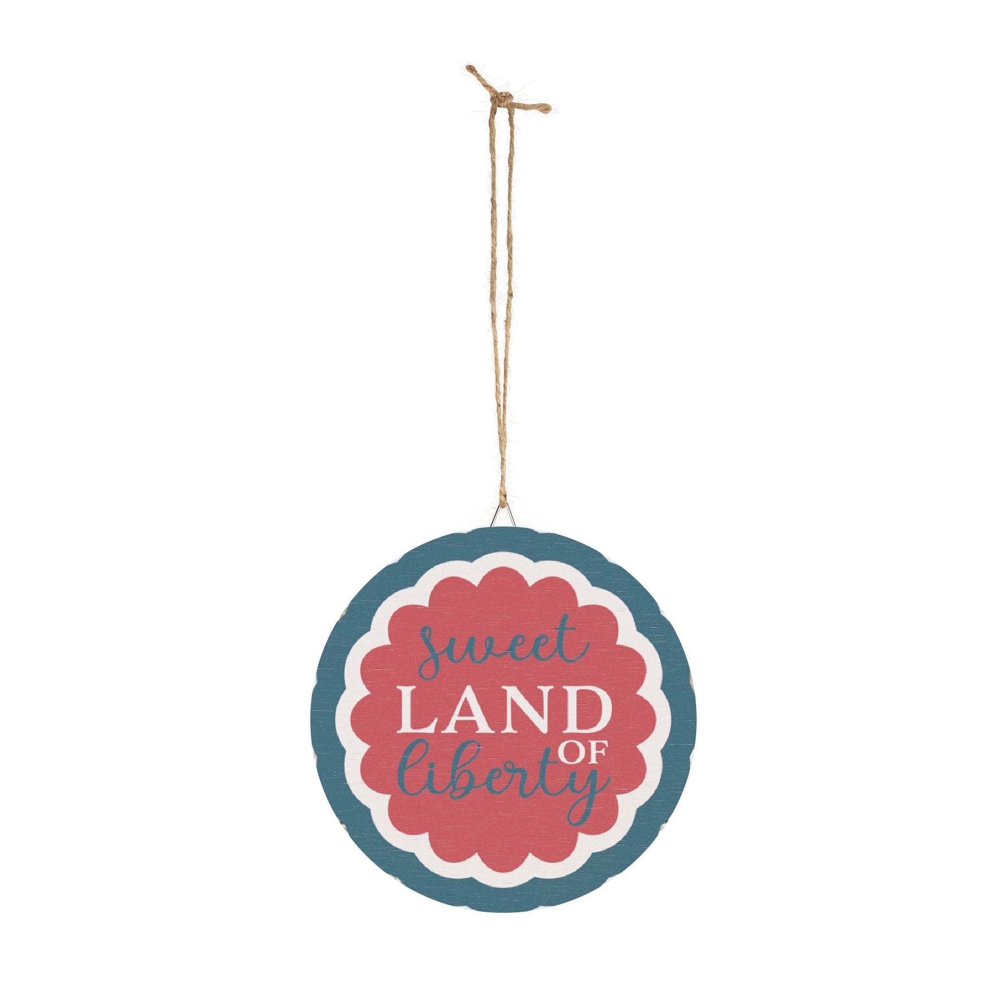 Decorative sign with 'sweet land of liberty' text on a white background