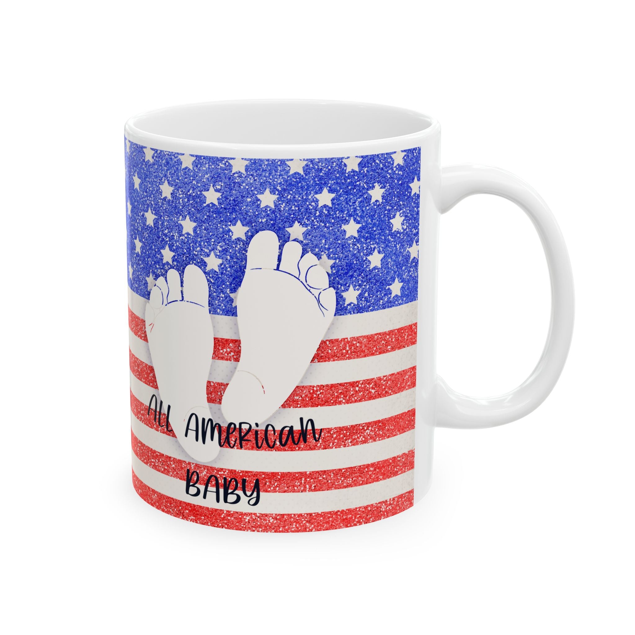Mug with American flag design and 'All American Baby' text on a white background