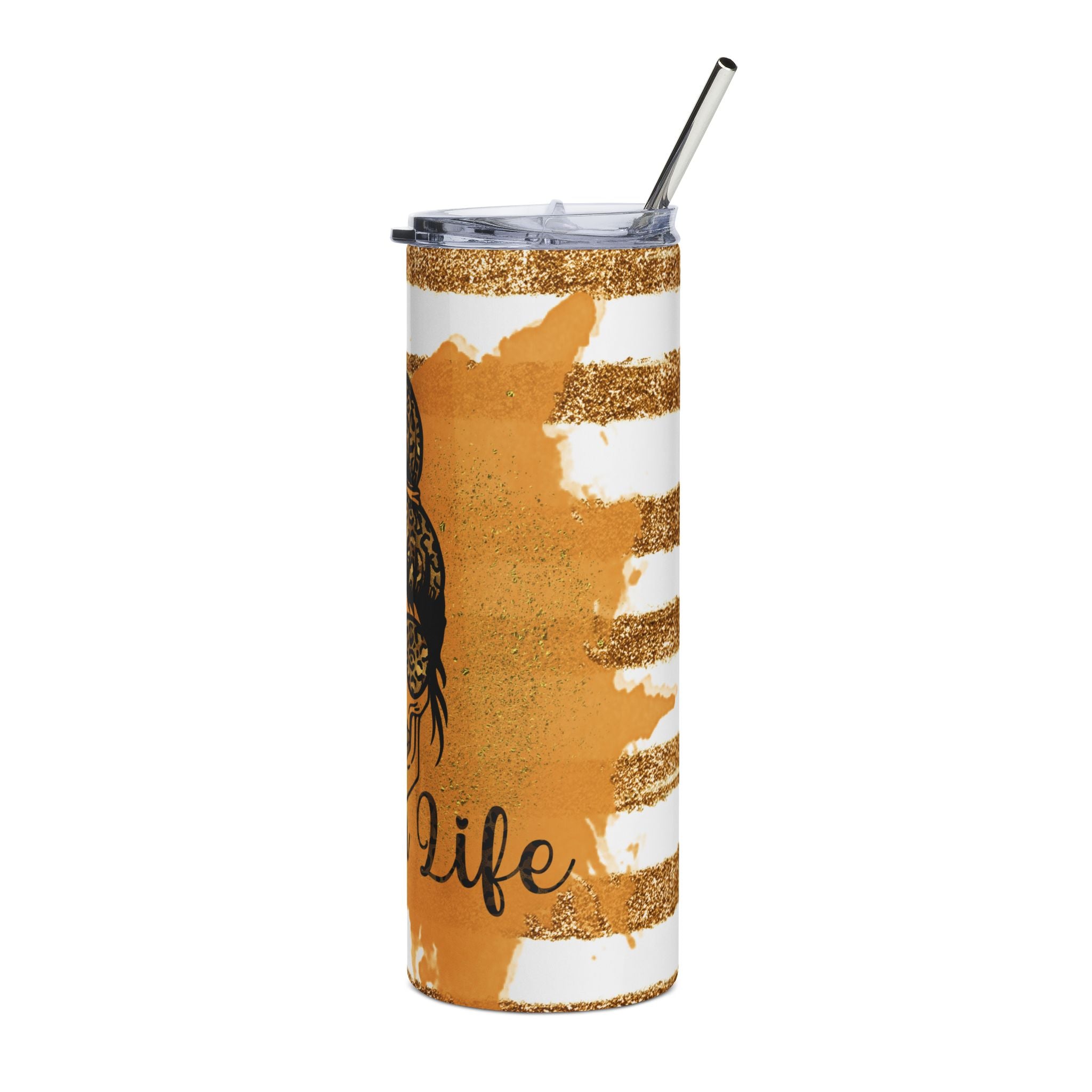Tumbler with gold and white design and 'life' text on a white background