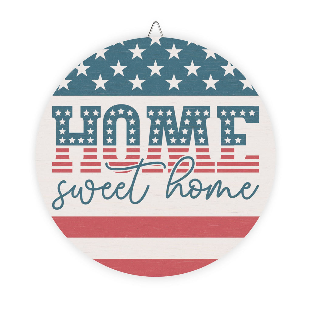 Decorative plate with American flag design and 'Home sweet home' text on a white background