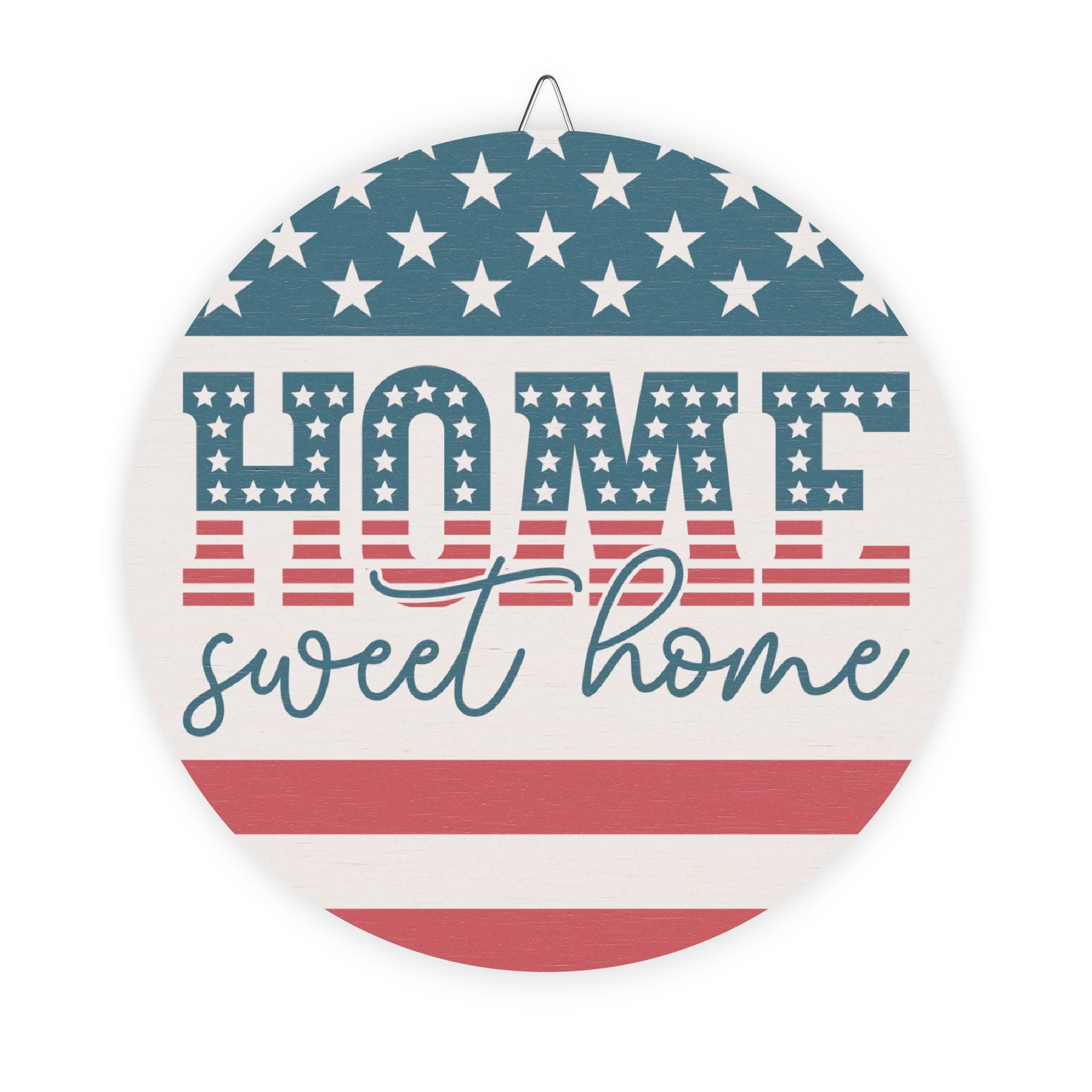 Decorative plate with American flag design and 'Home sweet home' text on a white background