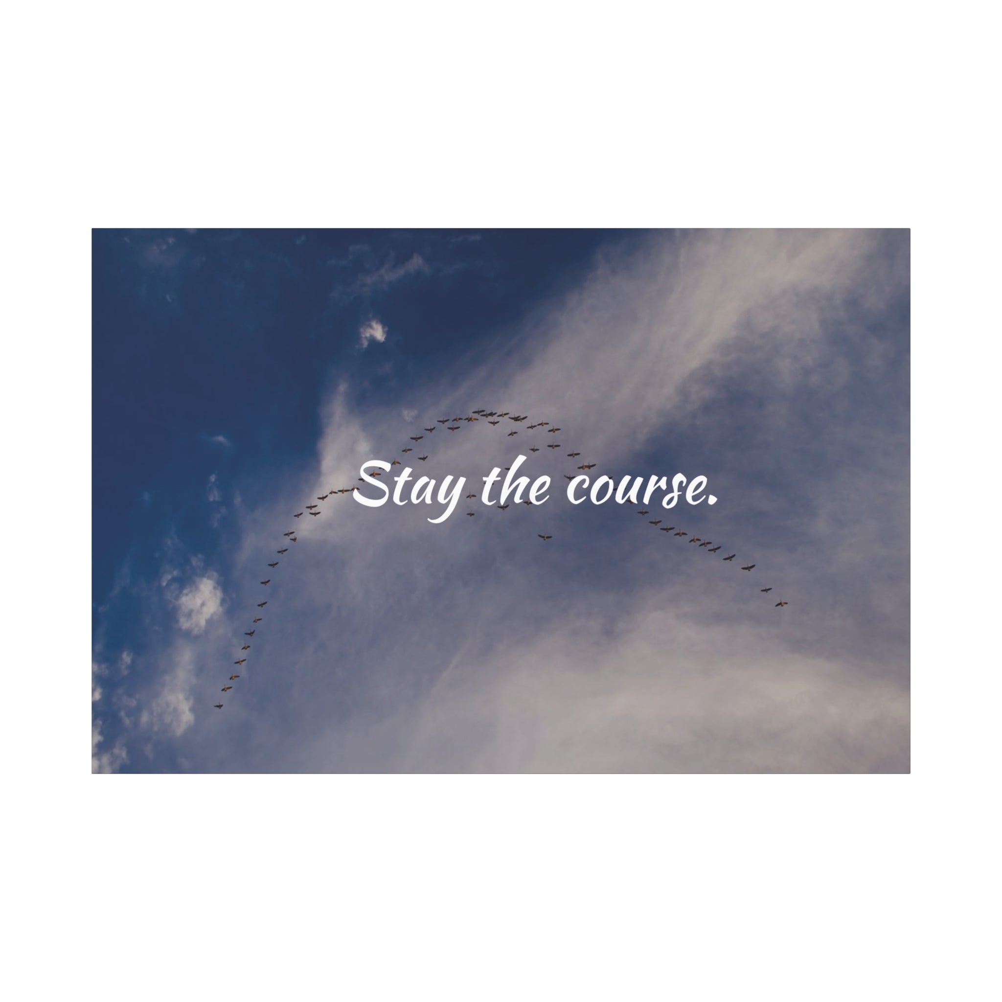 Birds flying in a V-formation against a blue sky with the text 'Stay the course.'
