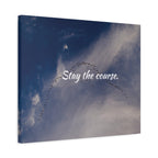 Canvas print with birds flying in a 'V' formation against a blue sky with the text 'Stay the course.'